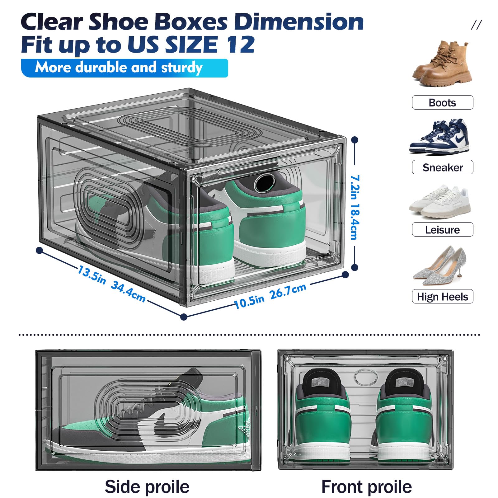 8 Pack Clear Stackable Shoe Storage Boxes with Magnetic Door - Thick Plastic Organizer for Shoes, Boots & Sneakers | Perfect for Closet Organization & Wall Display (Black)