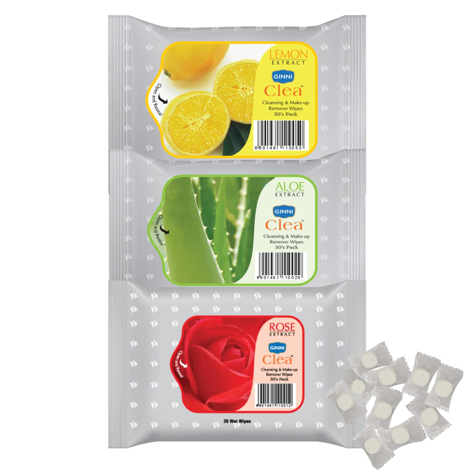 **Ginni Clea Rose, Aloe Vera & Lemon Makeup Remover Wipes - 3 Packs (30 Wipes Each) with 50 Coin Tissues - Gentle Cleansing for Face & Eyes - Perfect for Travel, Gym & Daily Skincare**