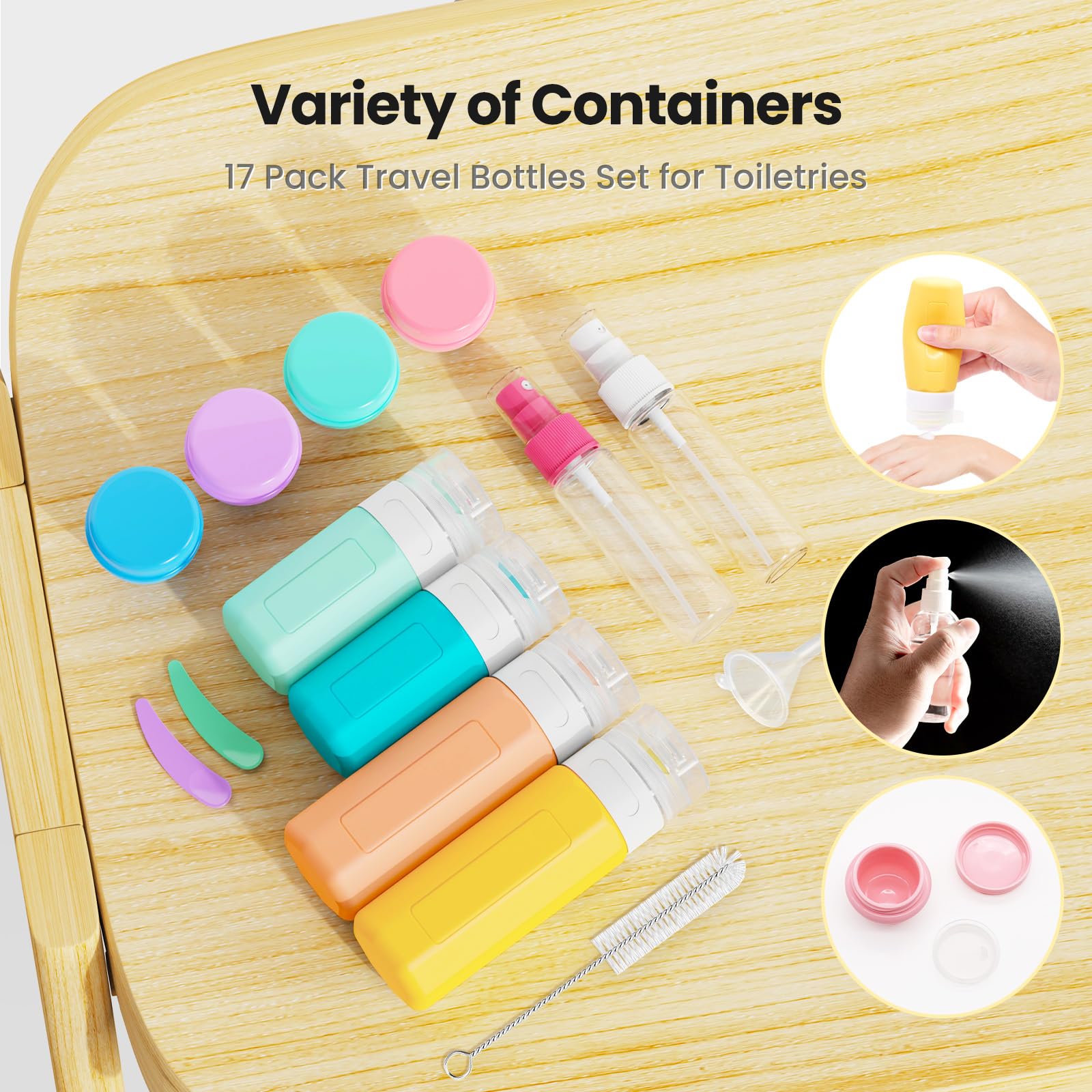 17 Pack TSA Approved Leak Proof Travel Bottles for Toiletries - BPA Free Squeezable Containers for Shampoo, Conditioner, Body Wash & Lotion (Colorful) - Perfect for Air Travel, Gym, Camping & Vacation Essentials