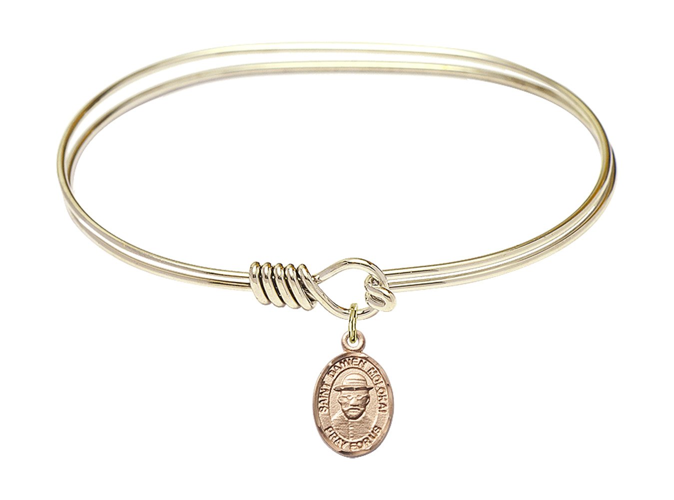 F A Dumont 7 Inch Oval Eye Hook Bangle Bracelet with St. Damien of Molokai Charm - Elegant Religious Jewelry for Women, Perfect for Church, Daily Wear & Gift Giving