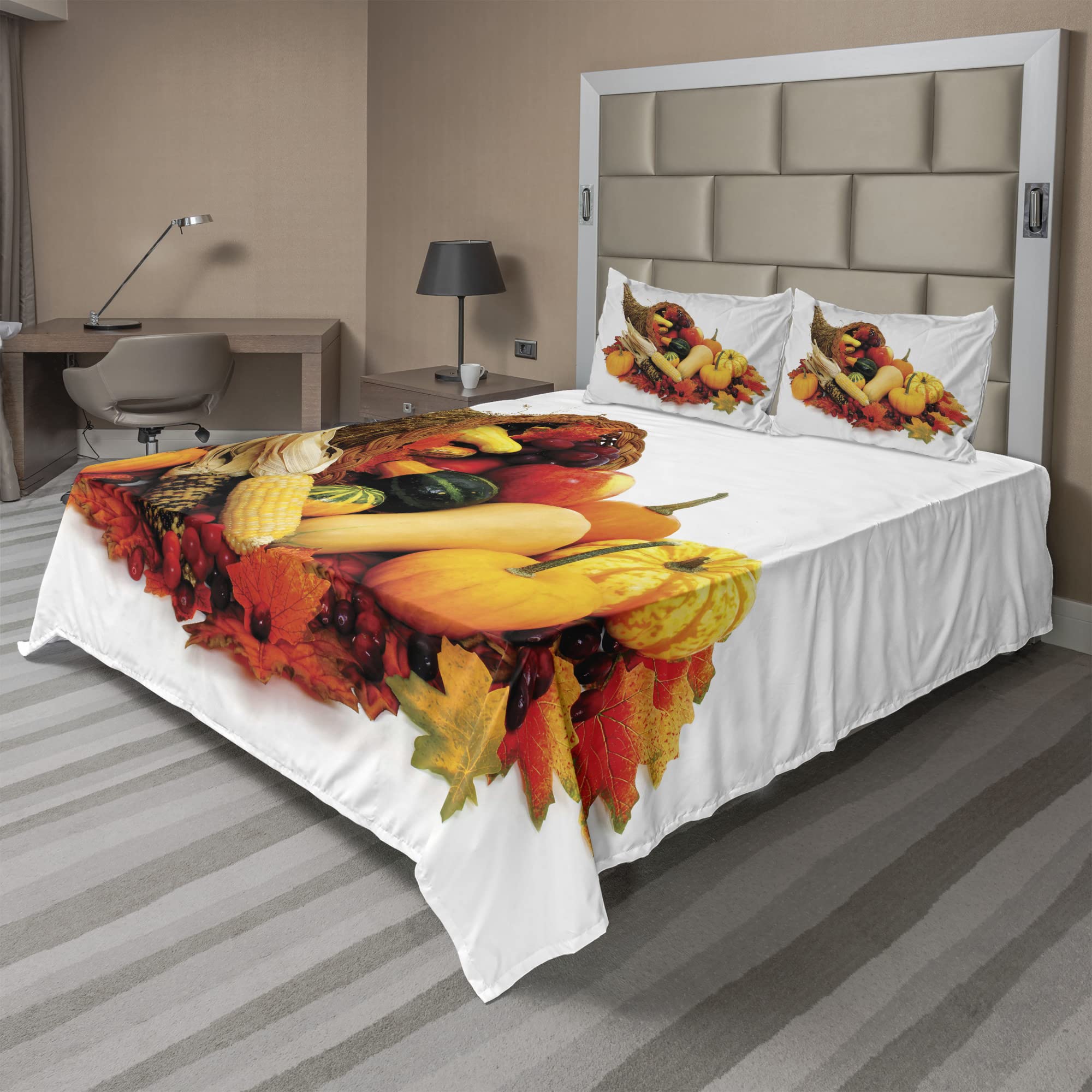 Ambesonne Harvest Sheet Set - Thanksgiving Themed with Butternut Squash, Pumpkin & Cornucopia Design | 4-Piece King Size Bedding Set in Vermilion Orange & Brown | Perfect for Fall Decor, Thanksgiving Guest Rooms & Cozy Autumn Bedrooms