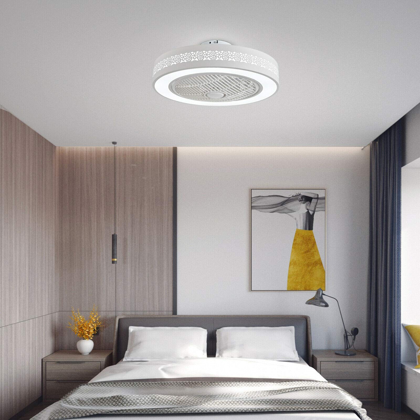 22'' Invisible Blade LED Ceiling Fan with Lights - Dimmable Remote Control, 3 Colors & 3 Speeds, 32W Modern Flush Mount Chandelier for Living Room, Bedroom, Dining Room - White
