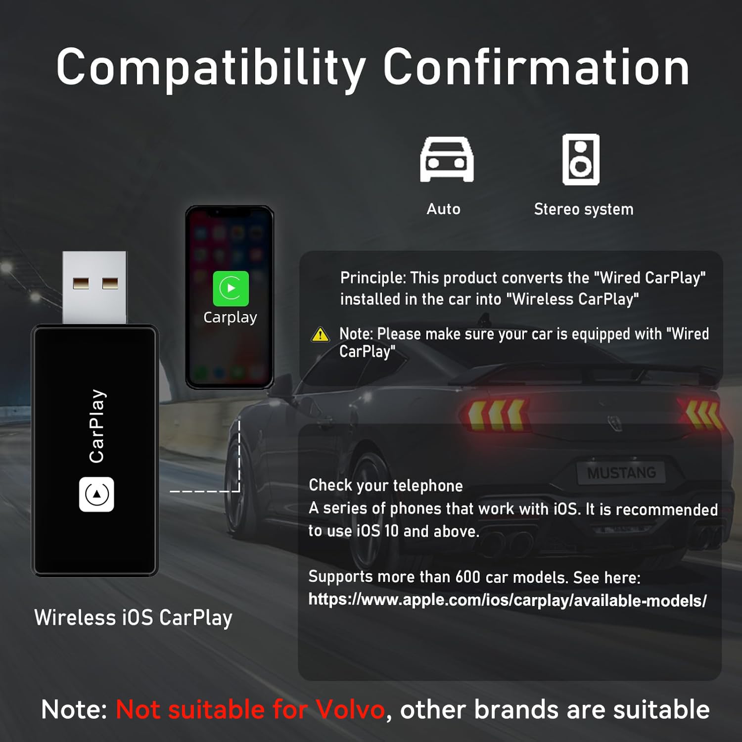 Wireless CarPlay Adapter for iPhone - Convert Wired to Wireless CarPlay, Plug & Play, Fast & Stable Bluetooth Connection - Compatible with Apple iPhone iOS 10+ & Most Cars (0.9x2.34 inches) - Perfect for Hands-Free Driving, Music Streaming & GPS Navigation