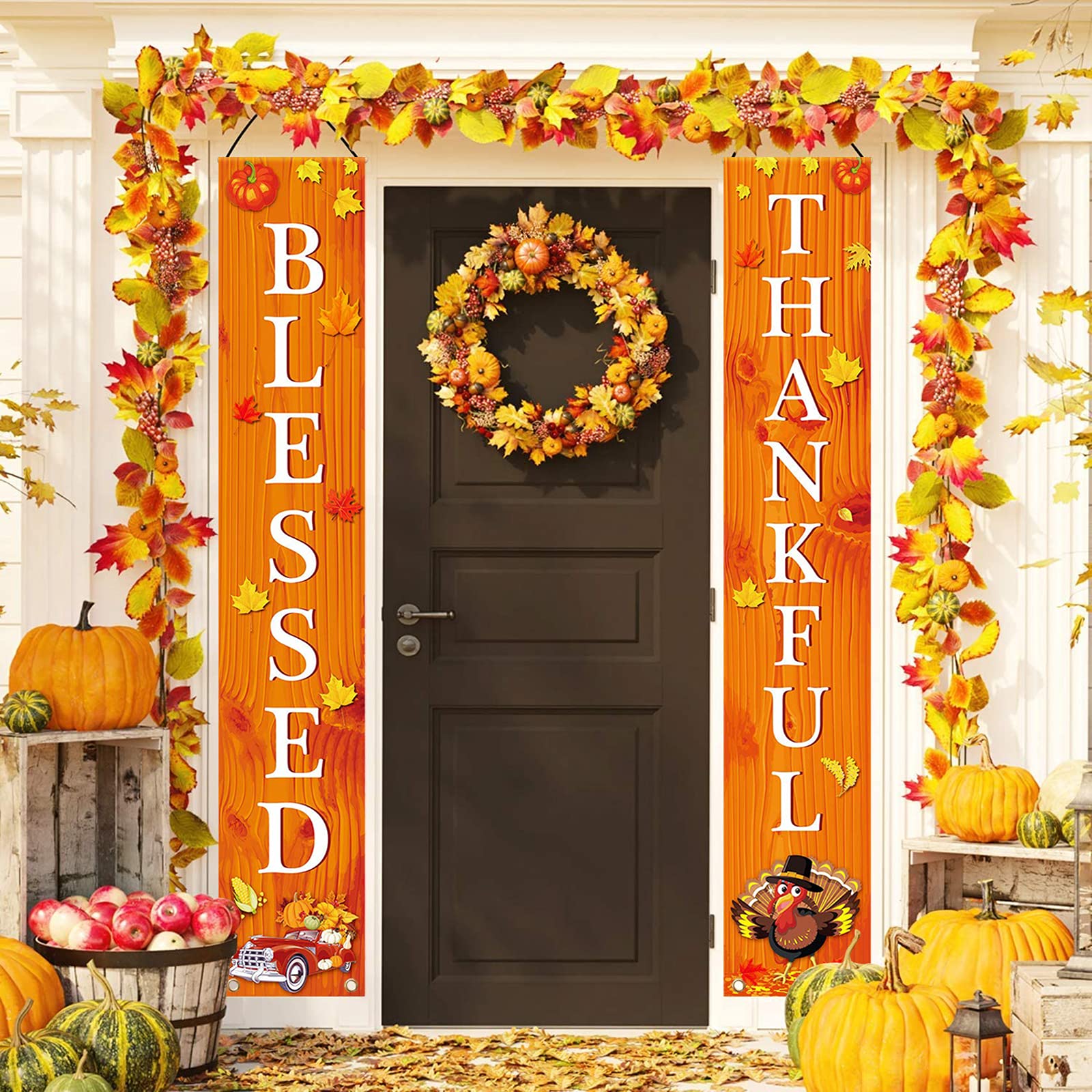 HappyField Thanksgiving & Fall Decorations - BLESSED THANKSFUL Hanging Banner Porch Sign for Autumn Harvest Front Porch Decor | Perfect for Thanksgiving Day, Fall Festival & Seasonal Home Decoration