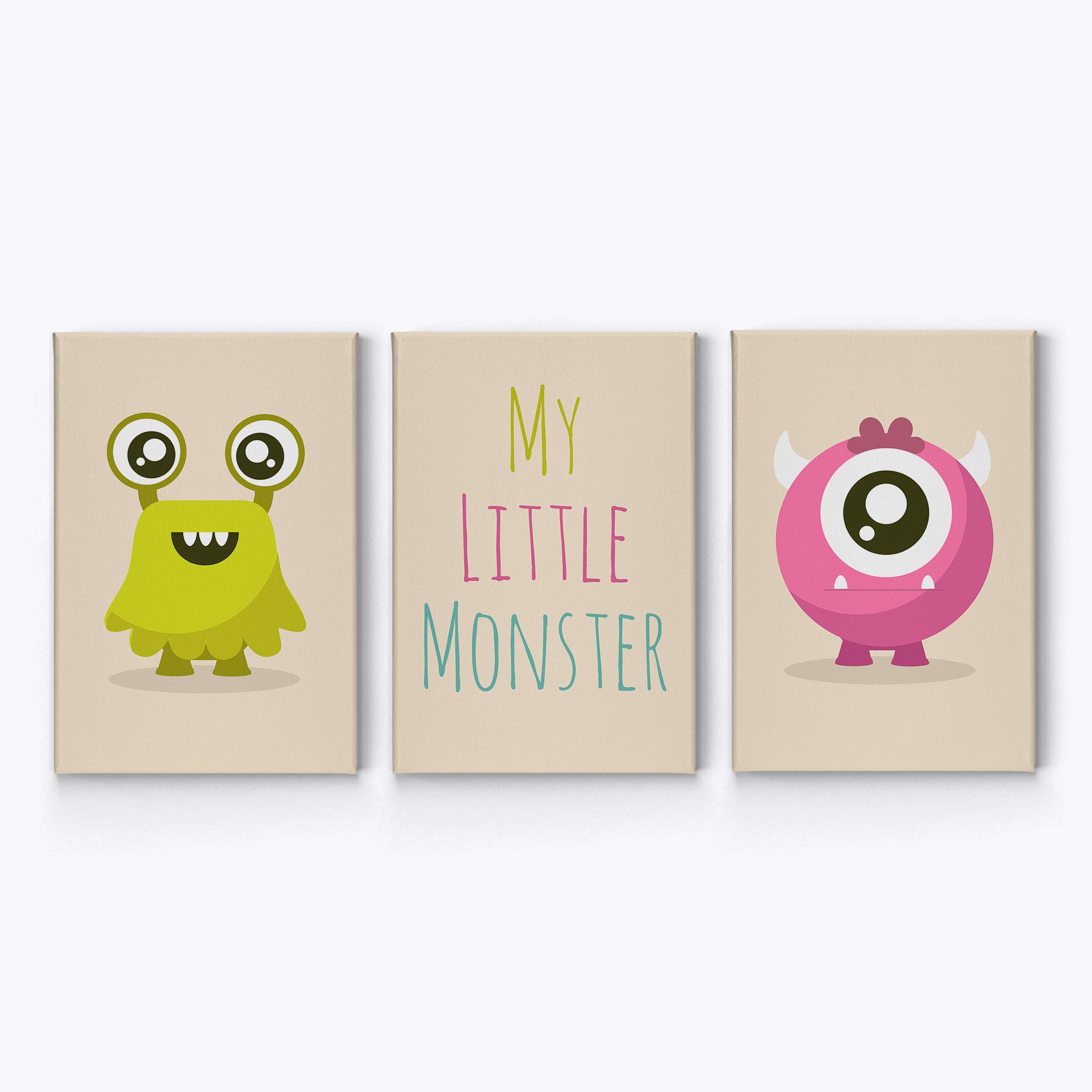 Smile Art Design Green and Pink My Little Monster Lettering Canvas Print Set - 3 Piece Kids Room Wall Art Decor for Baby Boy & Girl Nursery - Ready to Hang (22x15 Inches) - Made in USA | Perfect for Nursery, Playroom & Children's Bedroom Decor
