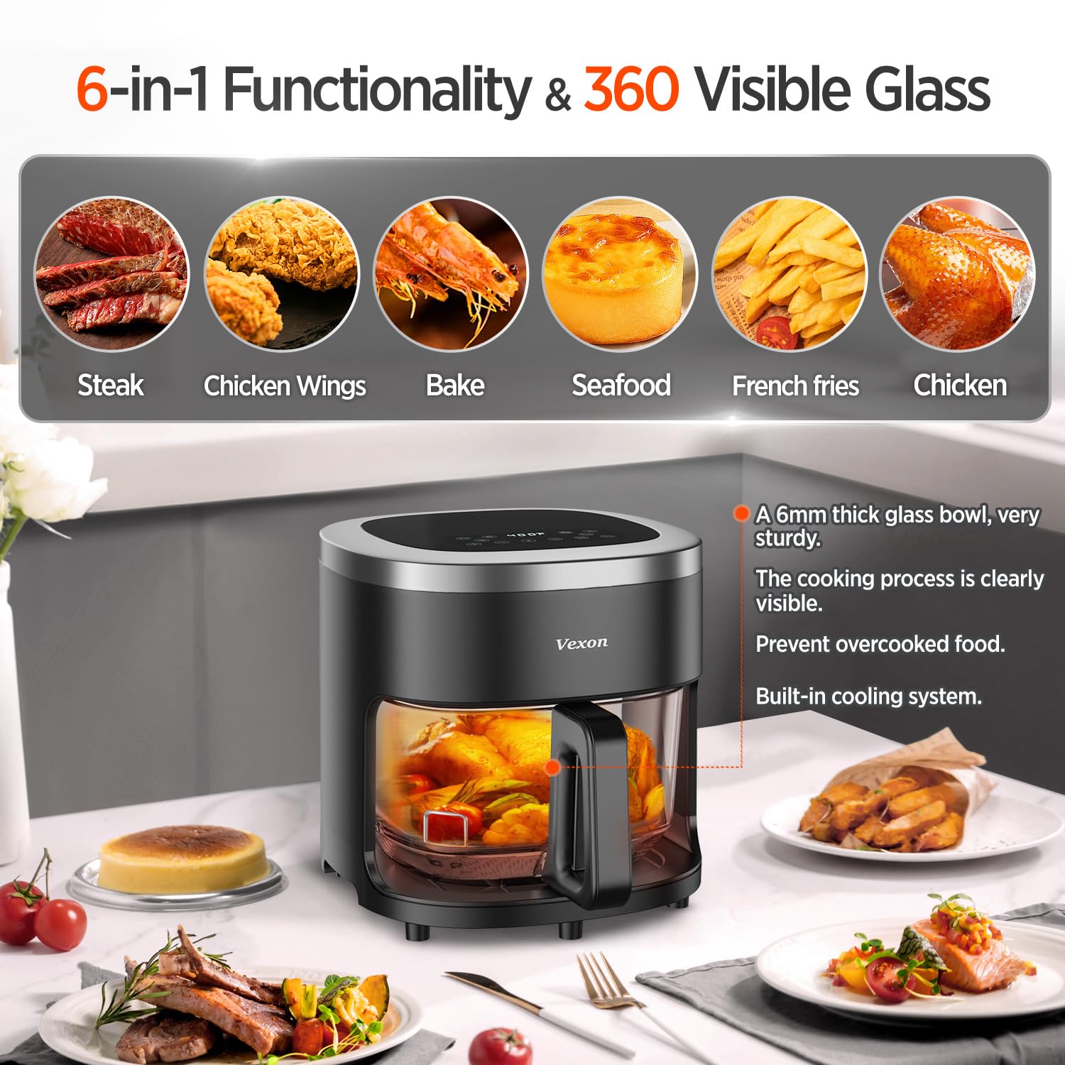 Vexon 6-IN-1 Glass Air Fryer Oven - 4.5QT Large Capacity with Viewing Window for Air Frying, Roasting, Reheating & Dehydrating | Nonstick Dishwasher Safe Basket, Digital Timer & 97% Less Oil Technology | Perfect for Healthy Cooking, Meal Prep & Family Dinners