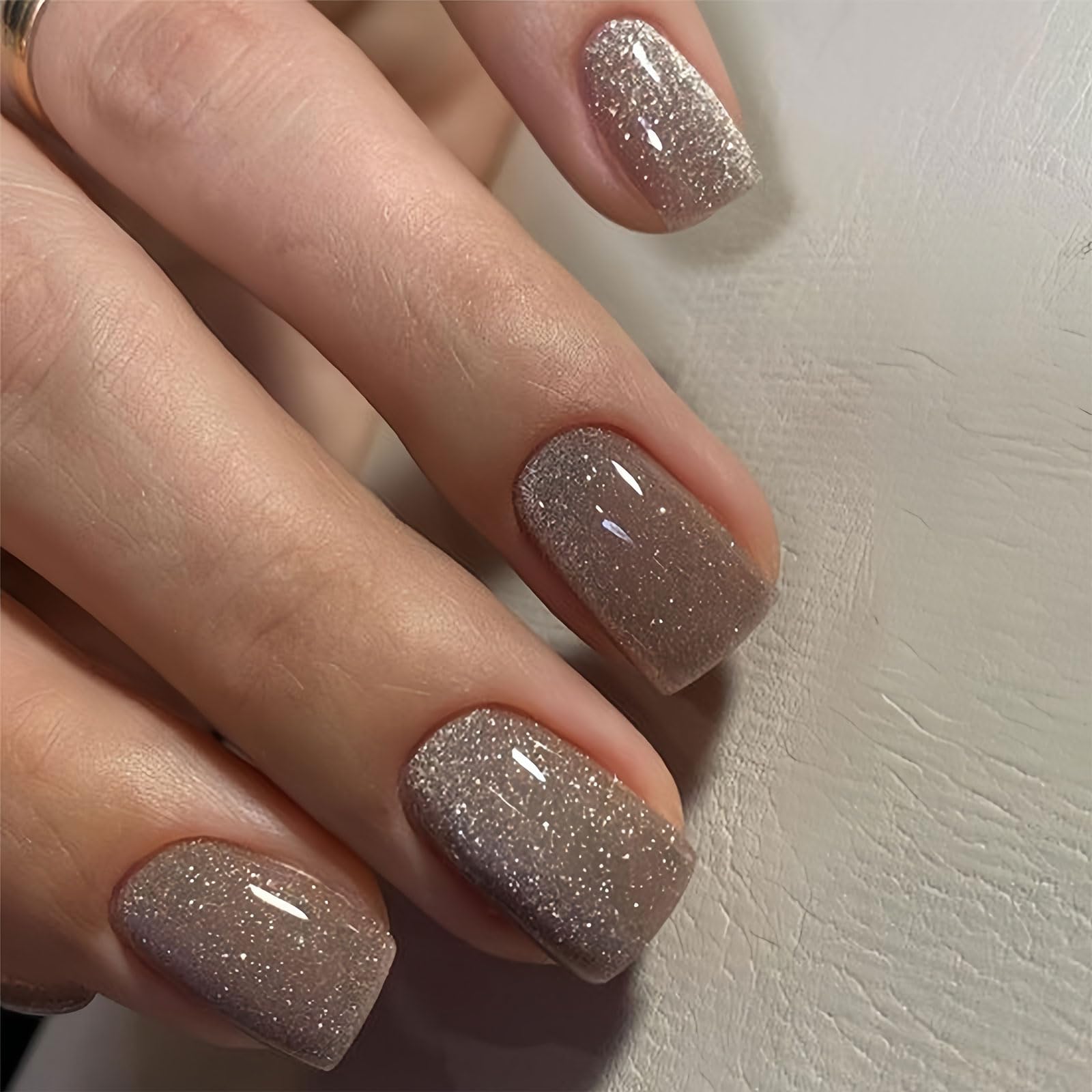 BFY Short Press on Nails Square - Winter Christmas Nail Art Kit with Champagne Glitter & Solid Colors, 24PCS Acrylic Fake Nails with Glue - Perfect for Holiday Parties, Gift Giving & New Year Celebrations