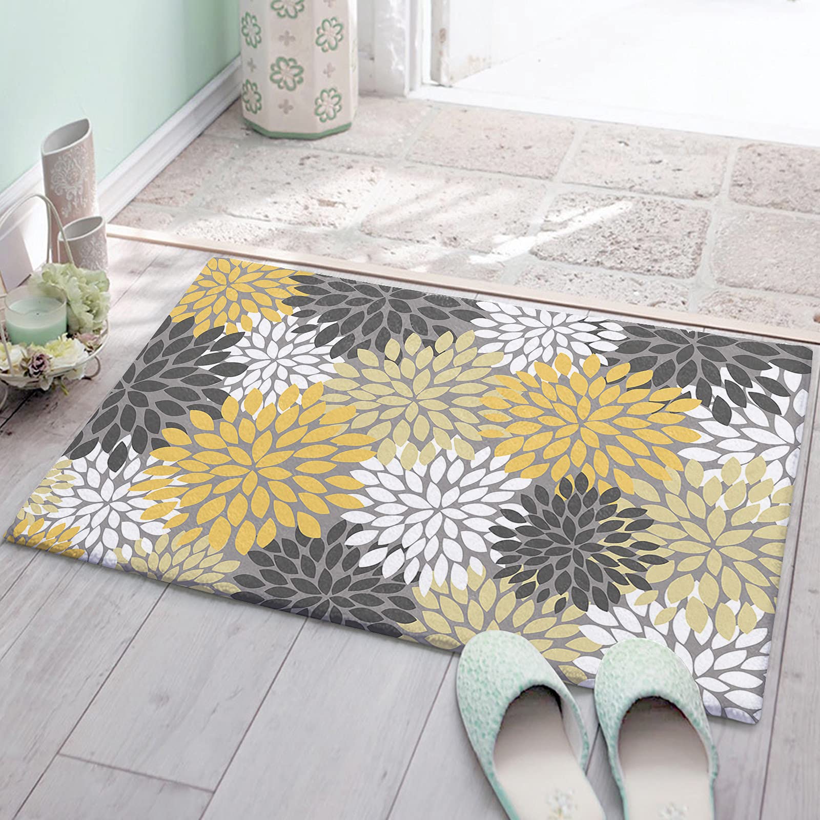 Non-Slip Shaggy Floor Door Mats - Soft Autumn Dahlia Floral Carpet in Yellow, Gray & White - Thanksgiving Bath Rug for Kitchen, Bedroom, Bathroom & Living Room Decor - Cozy Fuzzy Area Cushion for Home Comfort & Holiday Style