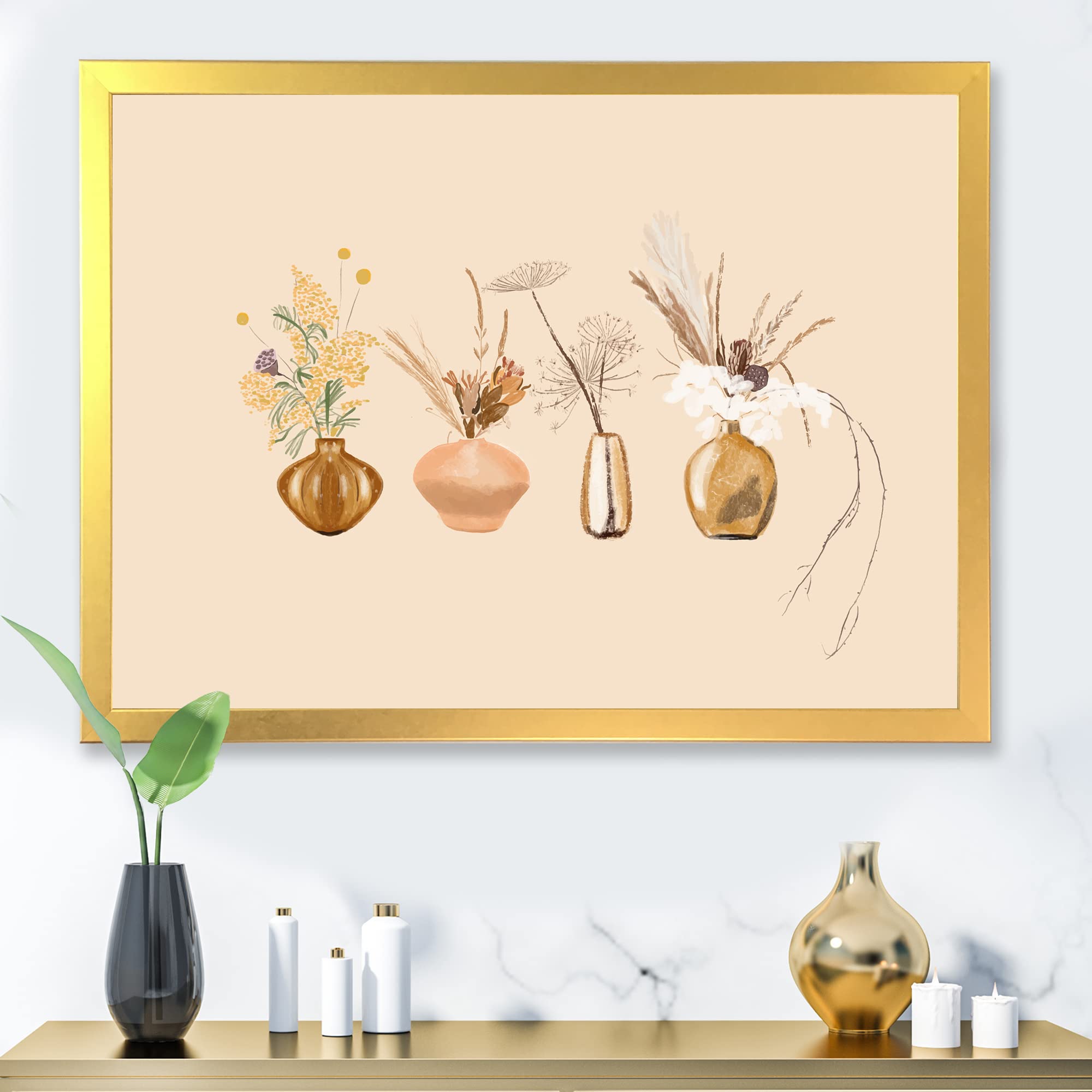 Bouquets of Wildflowers in Gold Vases II - Traditional Framed Wall Art Decor for Living Room, Bedroom & Office | Floral Painting Home Decor Gift