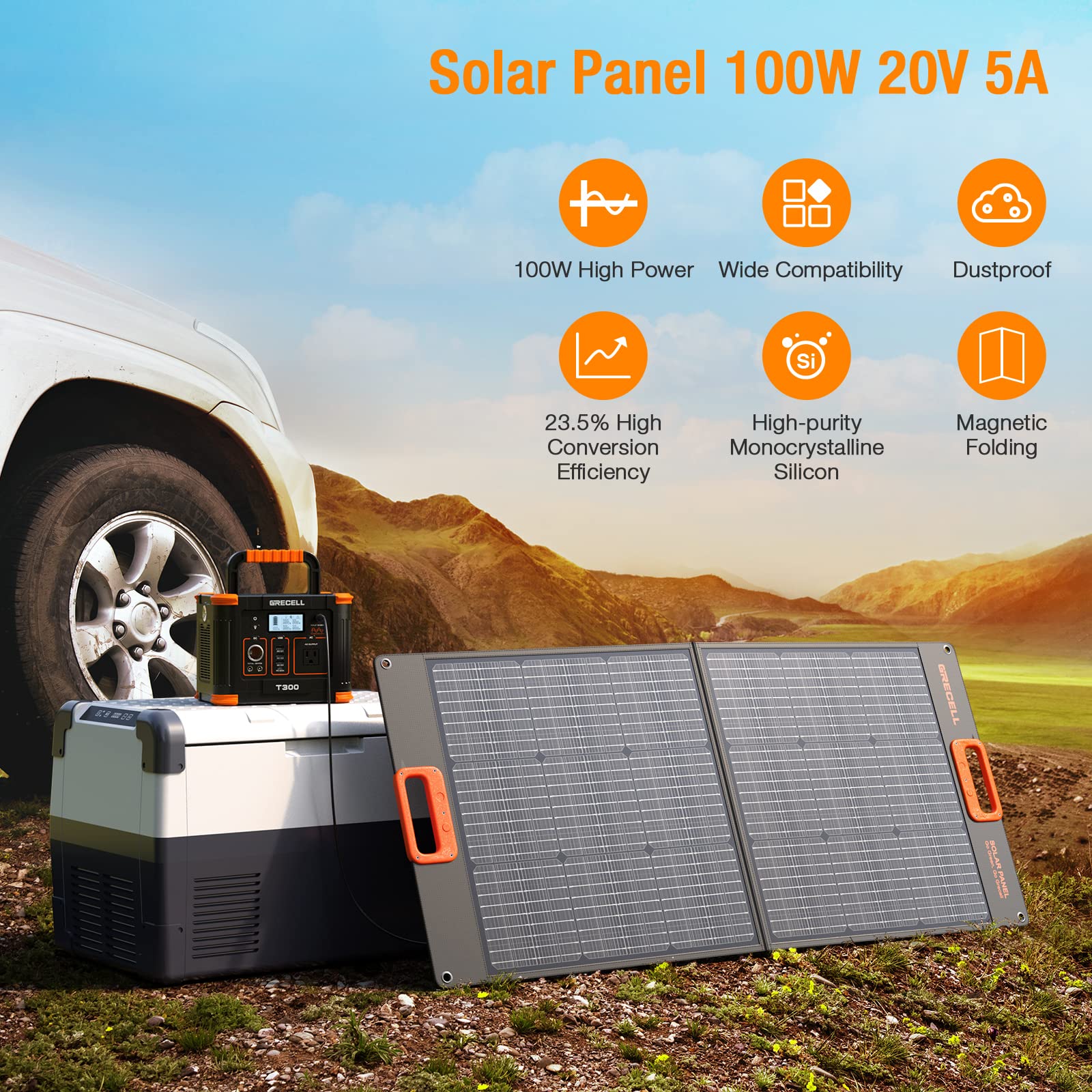GRECELL 100W Foldable Solar Panel for Portable Power Stations - 20V High-Efficiency Solar Charger with Battery Charger | Perfect for Camping, RV Trips & Outdoor Adventures