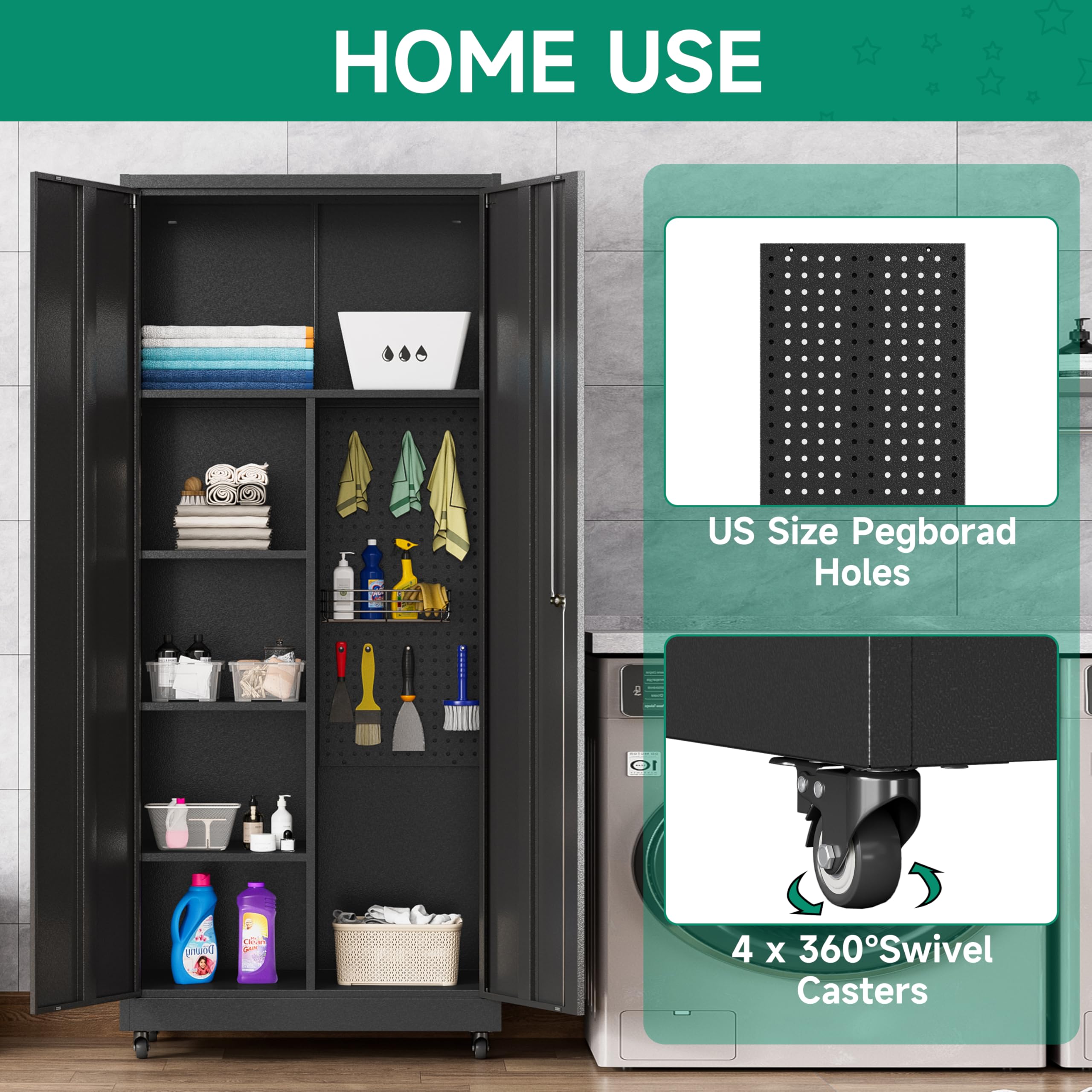 Heavy-Duty Metal Garage Storage Cabinet with Wheels - Rolling Tool Storage Cabinet with Lock & Adjustable Shelves - Steel Locking Cabinet for Office, Home, Garage & Workshop (Black) | Perfect for Organizing Tools, Equipment & Supplies in Any Workspace