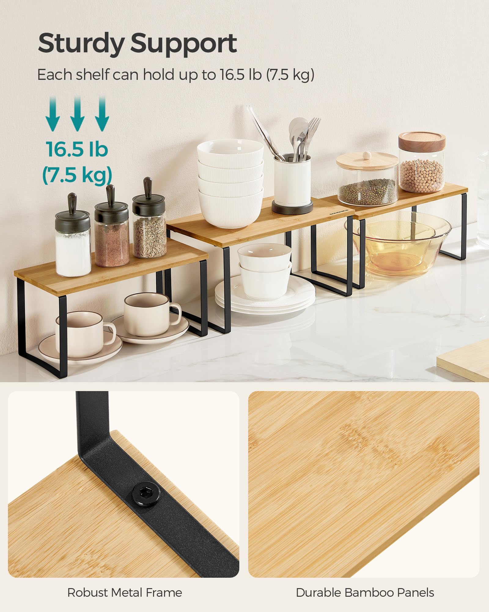SONGMICS 3-Tier Stackable Kitchen Cabinet Organizer Shelf - Expandable Metal & Bamboo Spice Rack for Counter Storage (Ink Black/Natural Beige) - Perfect for Pantry, Bathroom & Small Space Organization