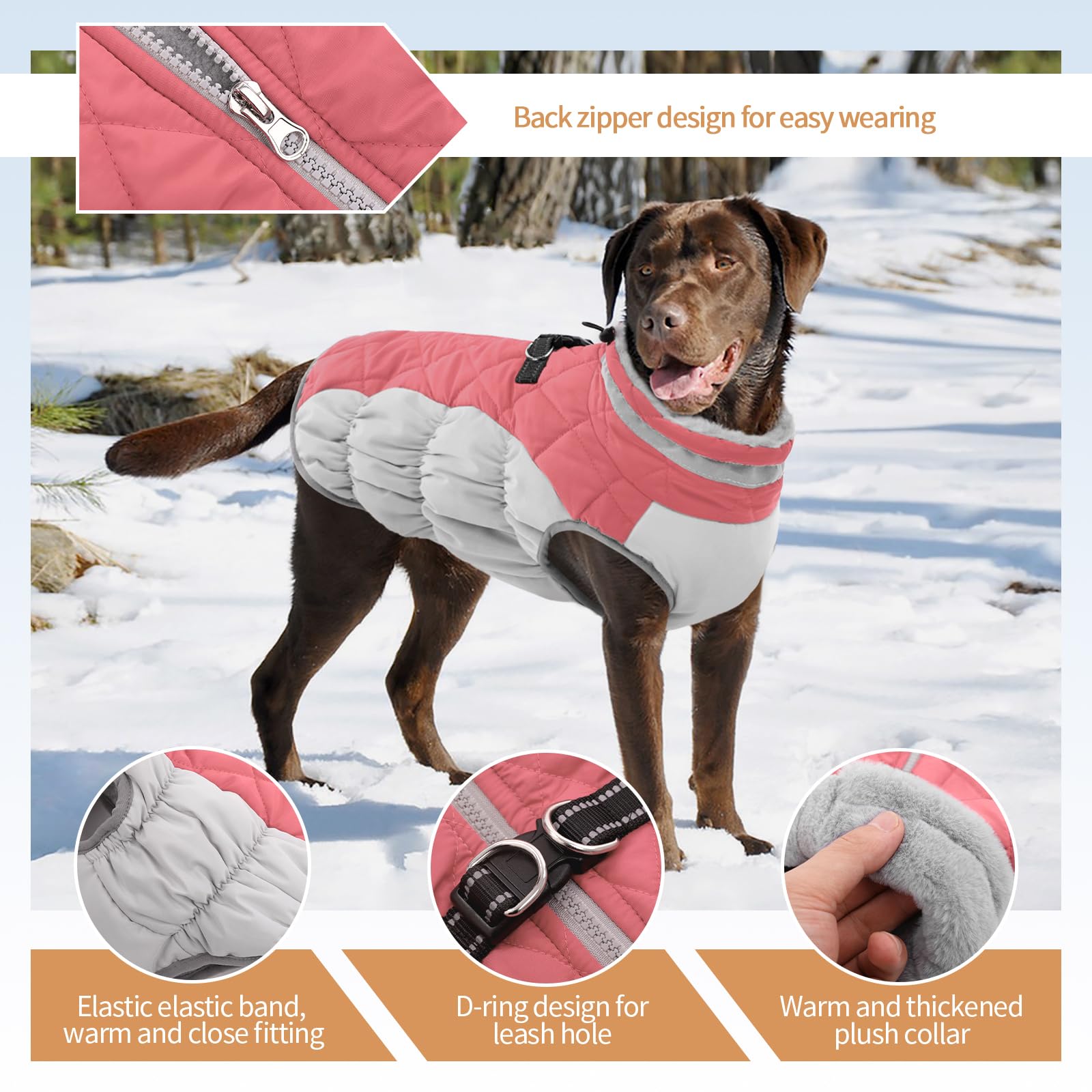 Waterproof Winter Dog Jackets for Large Breeds - XXXL Dog Coat with D-Ring & Back Zipper | Cold Weather Protection for Labrador, German Shepherd, Doberman | Pink Snowsuit for Outdoor Walks & Winter Adventures