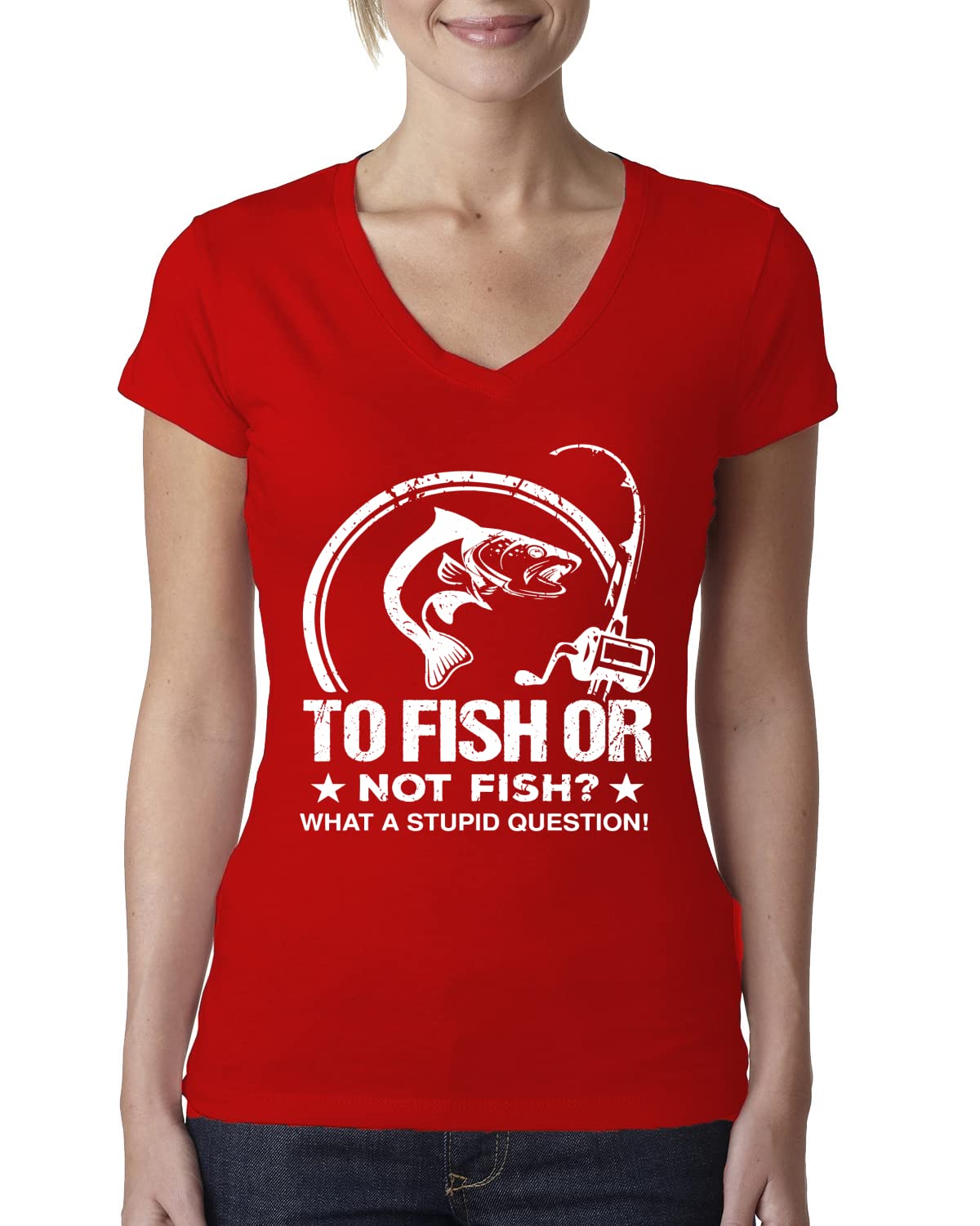 Funny Fishing T-Shirt for Women - 'To Fish or Not to Fish' Graphic Tee - Junior Fit V-Neck Top - Perfect for Anglers, Fishing Trips & Outdoor Adventures