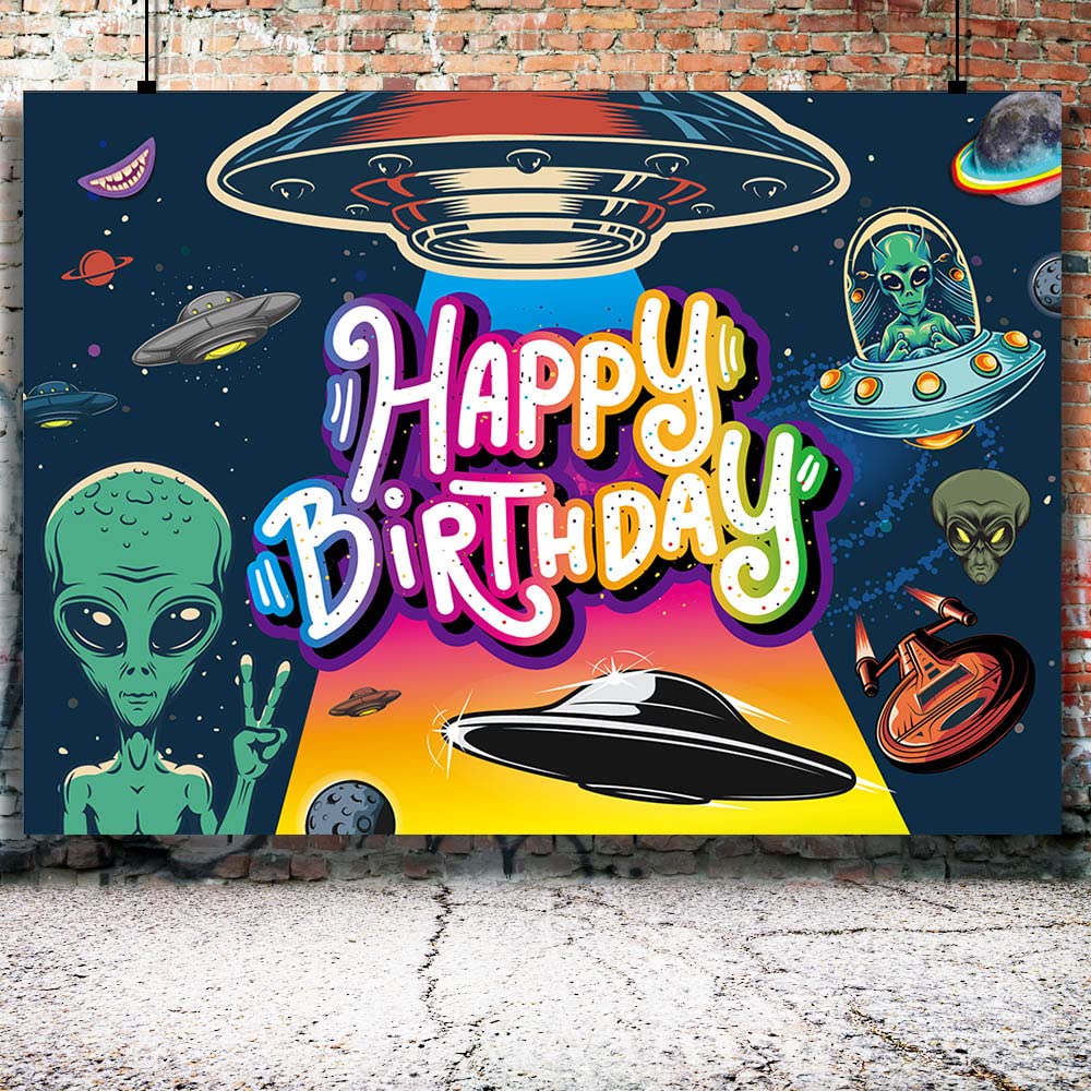 Funny UFO Happy Birthday Decorations Backdrop - Outer Space Alien UFO Theme Party Supplies (73'' x 50'') for UFO Lovers, Sci-Fi Birthday Party Decor, Wall Banner & Photo Booth Background