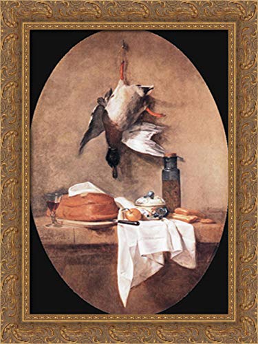 Wild Duck With Olive Jar 18x24 Gold Ornate Wood Framed Canvas Art by Jean Baptiste Simeon Chardin - Classic French Still Life Painting for Living Room, Dining Room & Office Decor
