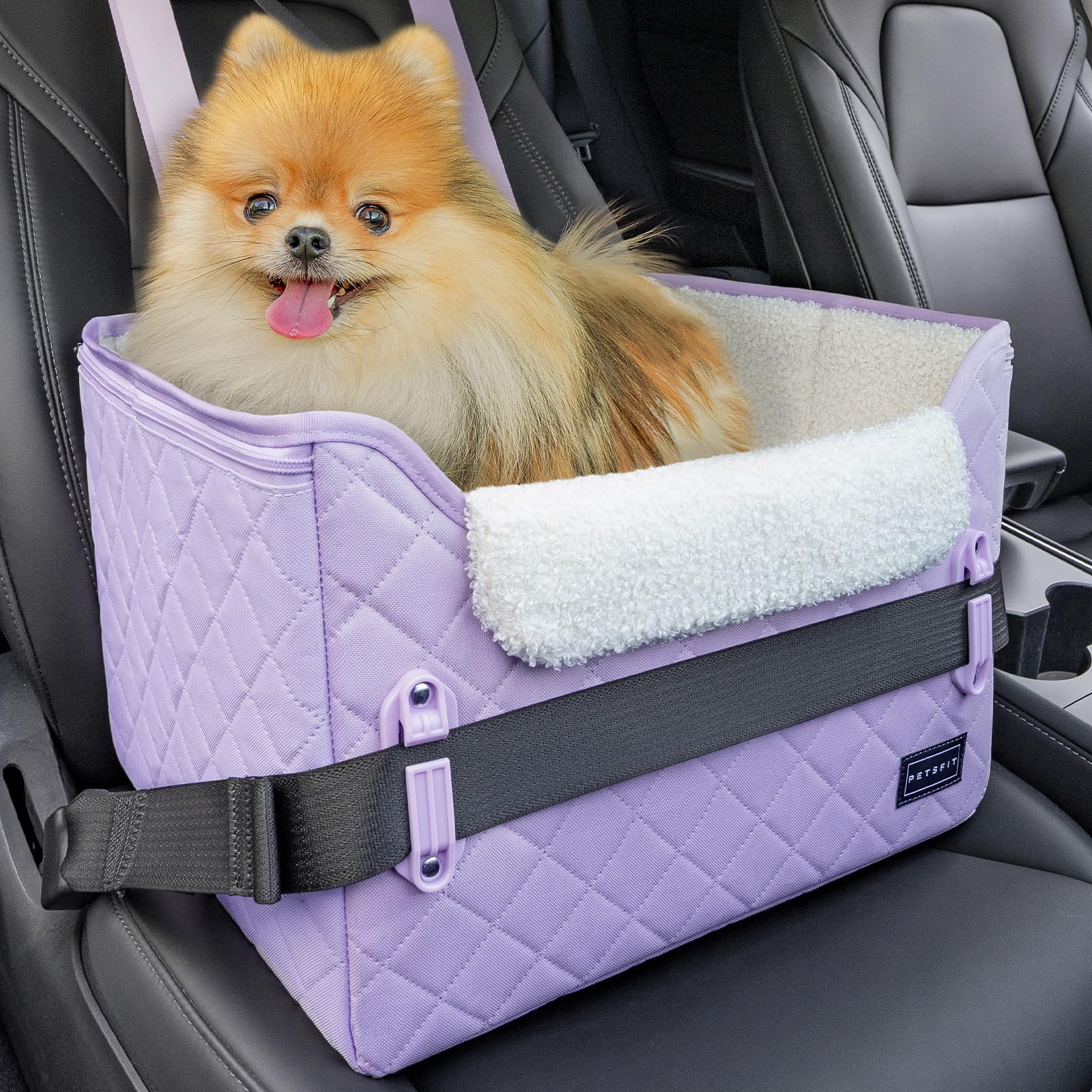 **Petsfit Small Dog Car Seat Booster - Portable Pet Travel Carrier with Clip-On Leash & Adjustable Straps for Small Dogs Up to 25lbs (Lavender Purple) - Perfect for Road Trips & Safe Car Rides**