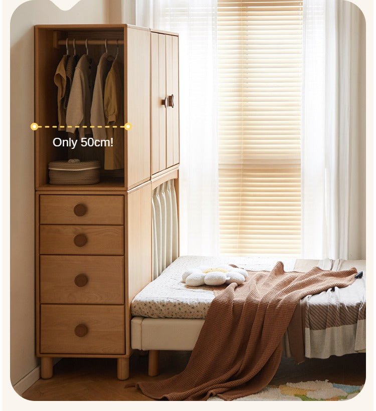 Solid Wood Beech & Rubber Kids Wardrobe - Multi-Functional Storage Cabinet for Bedroom, Nursery, and Playroom Organization