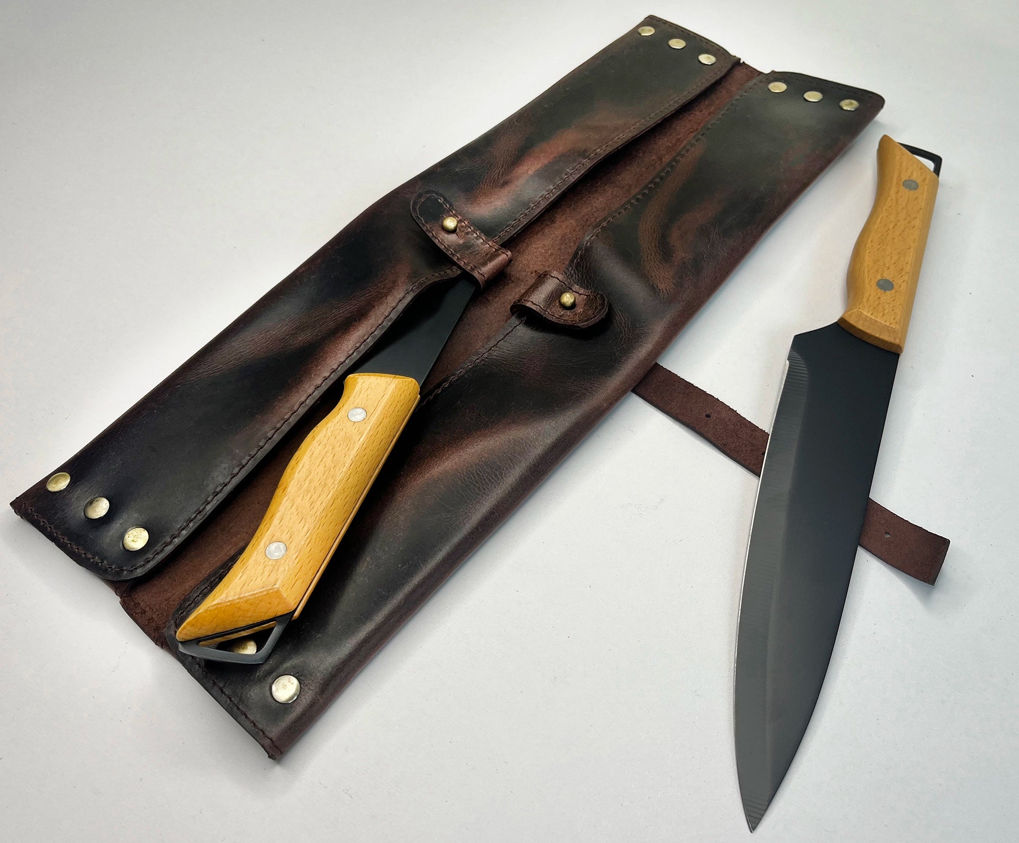 Premium Leather Chef's Knife Case Holder with 2 Knife Slots - Dark Brown | Professional Kitchen Storage & Protection for Cooking Tools | Perfect for Home Chefs & Culinary Gifts