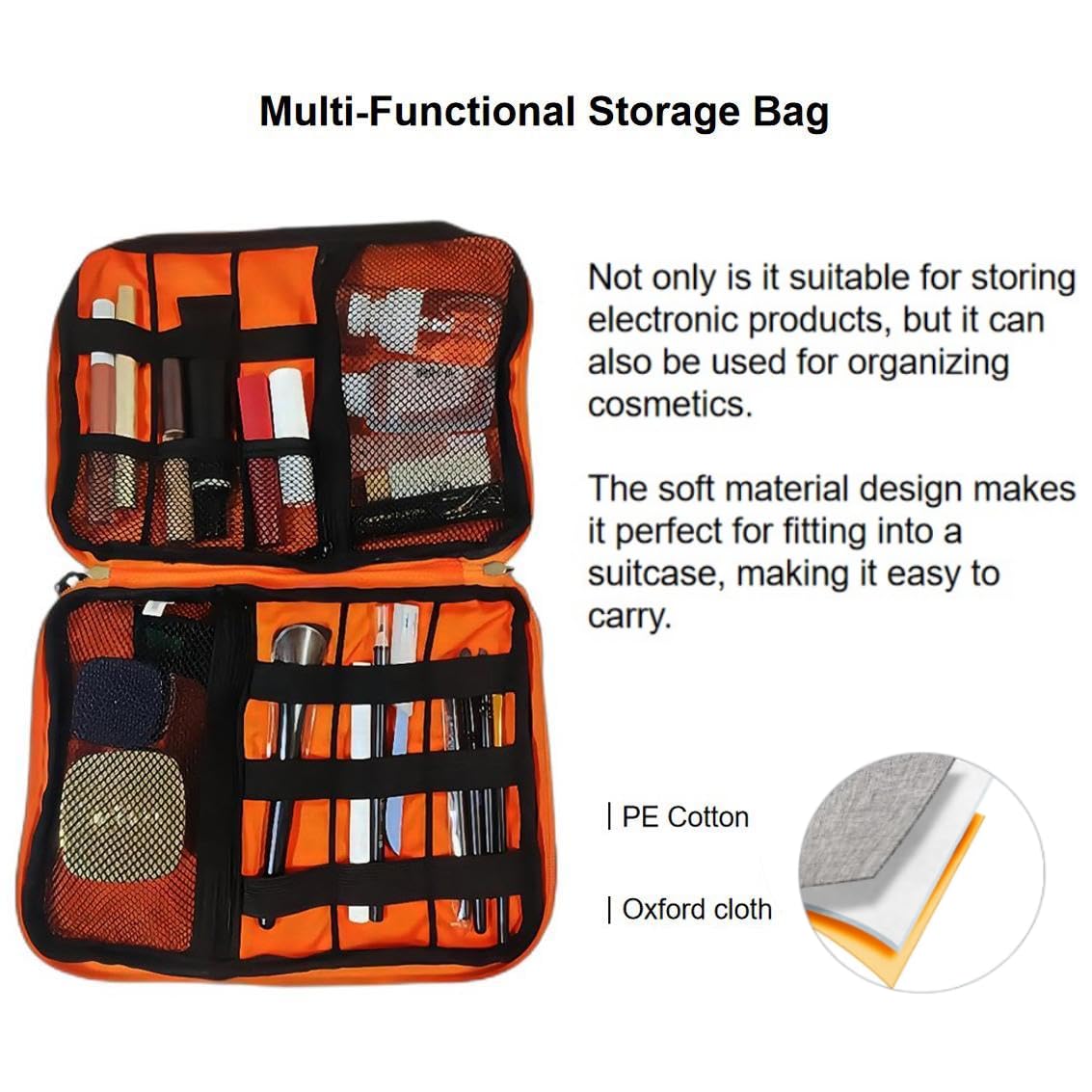 Universal Double Layer Travel Electronics Organizer Case - Portable Cable Management Bag with Carrying Strap for Phone Chargers & Accessories (Grey/Orange) - Perfect for Business Trips, Vacations & Daily Commute