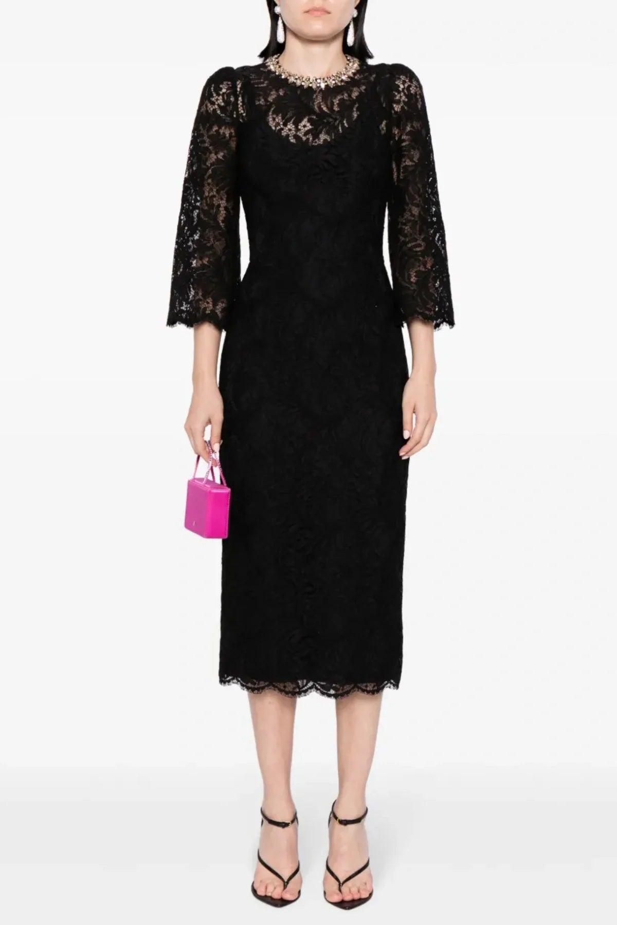 Elegant Black Lace Crystal Embellished Midi Dress for Women - Perfect for Evening Parties, Weddings & Special Occasions