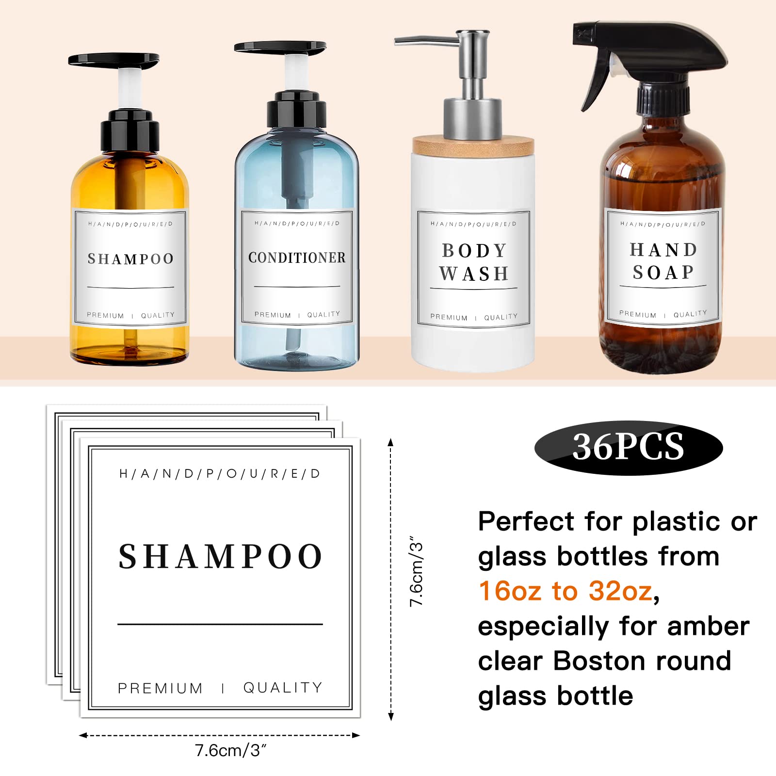 36PCS Waterproof Removable Labels for Bottles - Hand Soap, Lotion, Shampoo & Conditioner Dispenser Stickers - Bathroom & Kitchen Organization for Glass/Plastic Containers - Perfect for Home, Office & Travel Use
