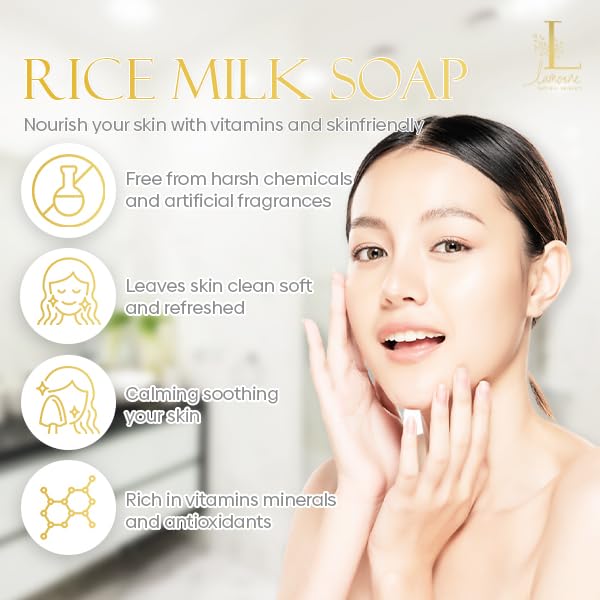 Organic Herbal Rice Milk Soap with Natural Exfoliating Bag - Moisturizing Collagen Glycerin Vitamin E Soap Bar 3.5oz (100g) - Gentle Lather for Dry & Sensitive Skin - Made in Thailand - Perfect for Daily Cleansing, Spa Treatment & Gift Giving