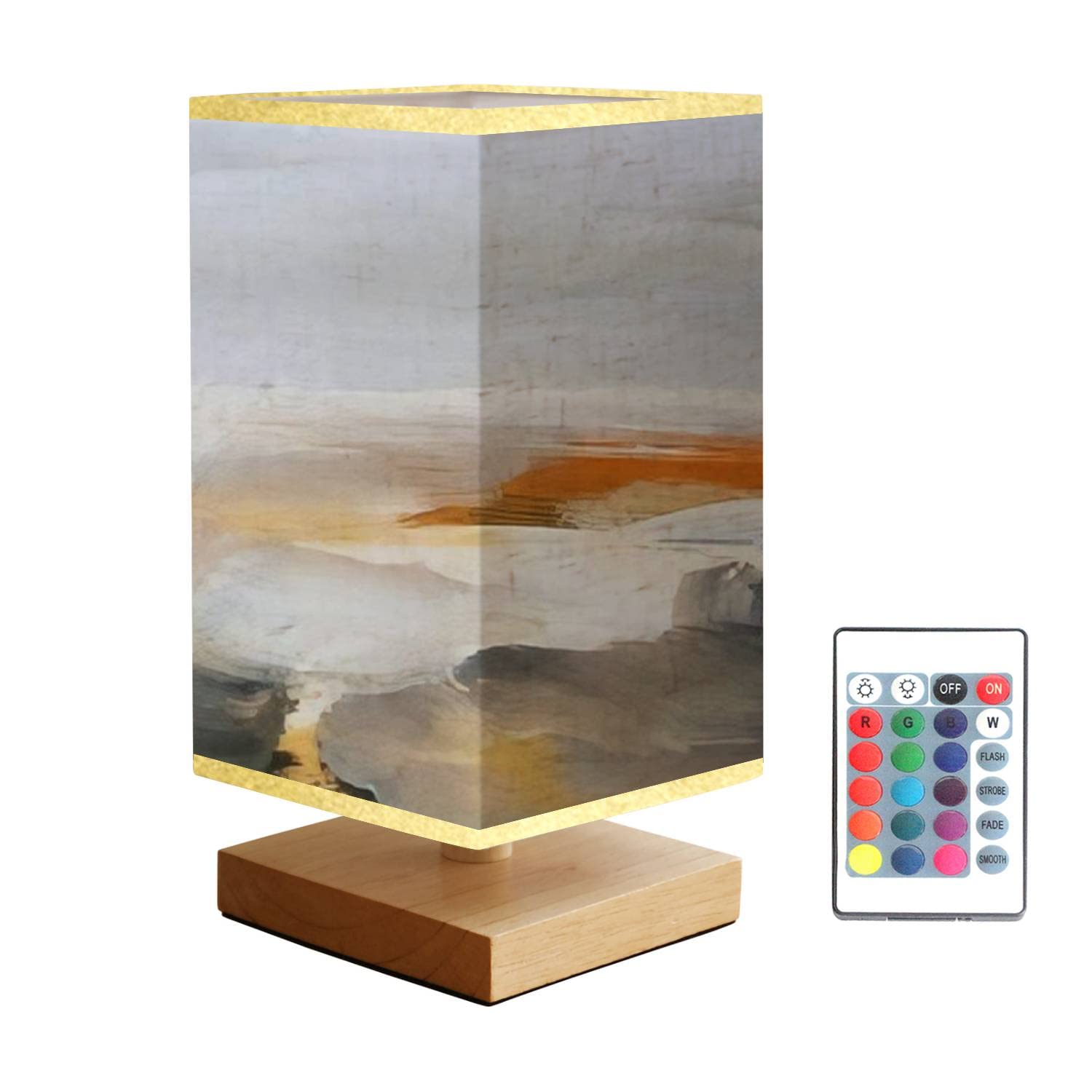 Modern Abstract Art Square Bedside Table Lamp with Wooden Base & Flaxen Fabric Shade - Dimmable Nightstand Lamp for Bedroom, Living Room, Office - Perfect for Reading, Relaxing & Creating Cozy Ambiance