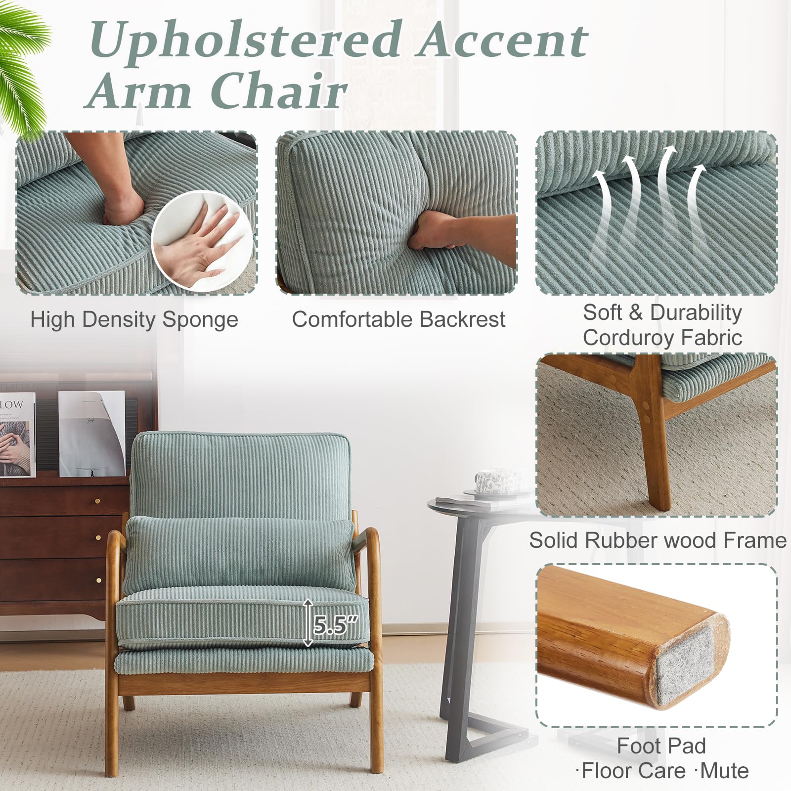 Upgraded Premium Corduroy Accent Chair - Mid Century Modern Upholstered Armchair with Solid Wood Frame & Lumbar Pillow - Comfortable Reading Chair for Living Room, Bedroom, Guest Room - Light Teal - Perfect for Relaxing, Reading & Home Decor