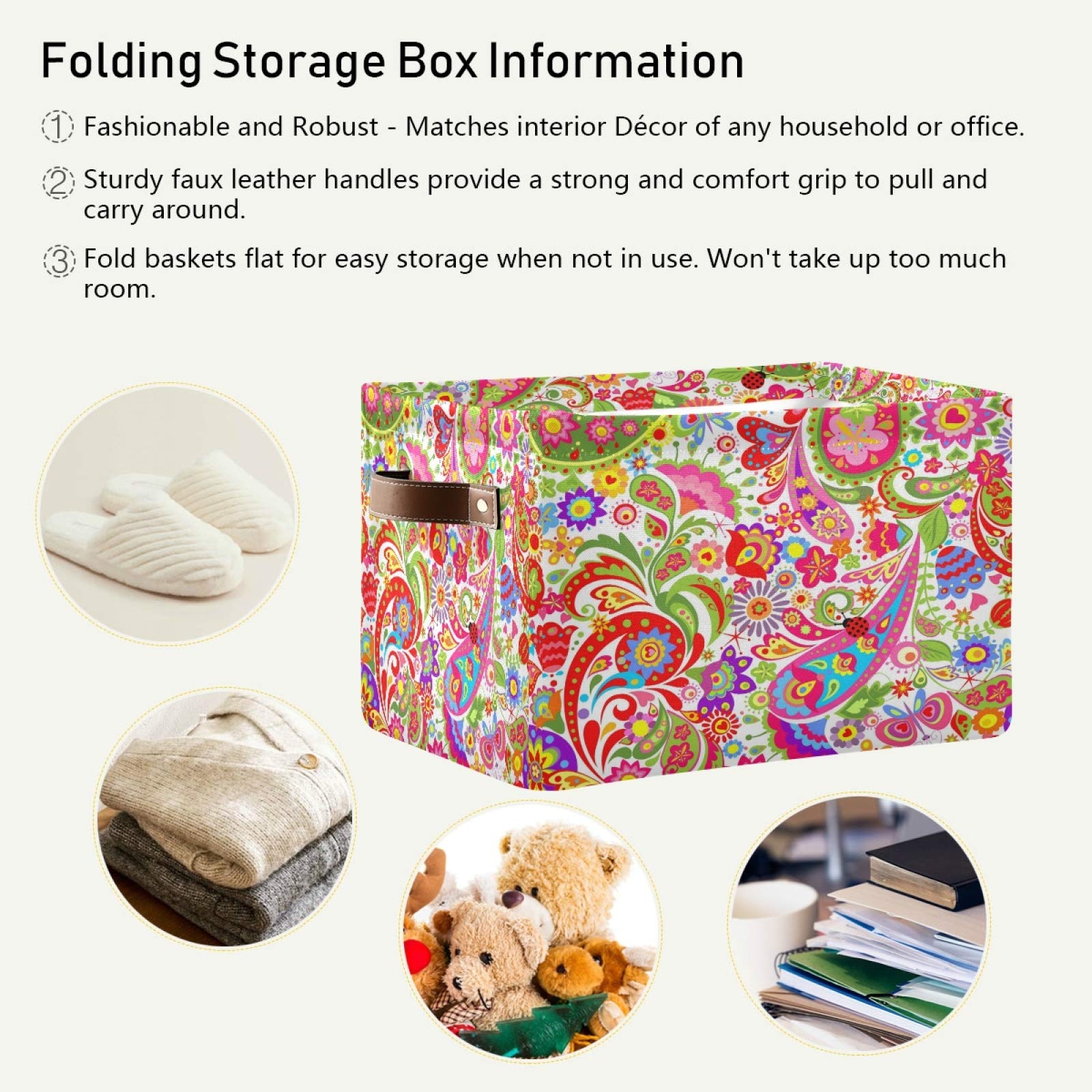 AUUXVA Collapsible Storage Basket - Durable Canvas Paisley Floral Cube Box with Handles for Toys, Clothes & Home Organization | Perfect for Bedroom, Closet, Shelf & Office Storage