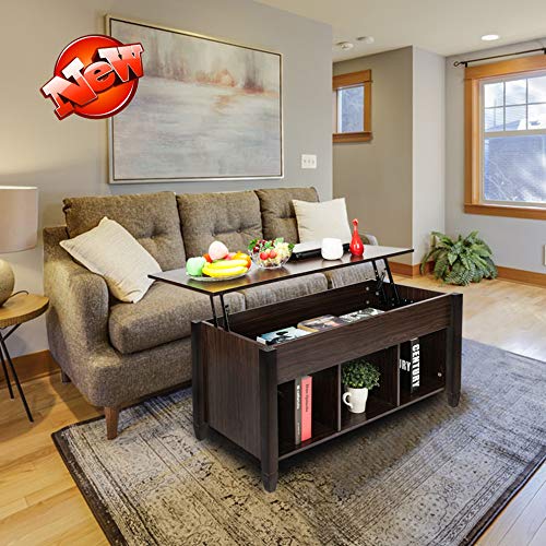 Durable Lift Top Coffee Table with Hidden Storage Compartment & Shelf - Multipurpose Dining Table for Living Room, Home Office & Small Spaces - Brown Lift Tabletop Coffee Table for Snacks, Laptops & Remote Storage