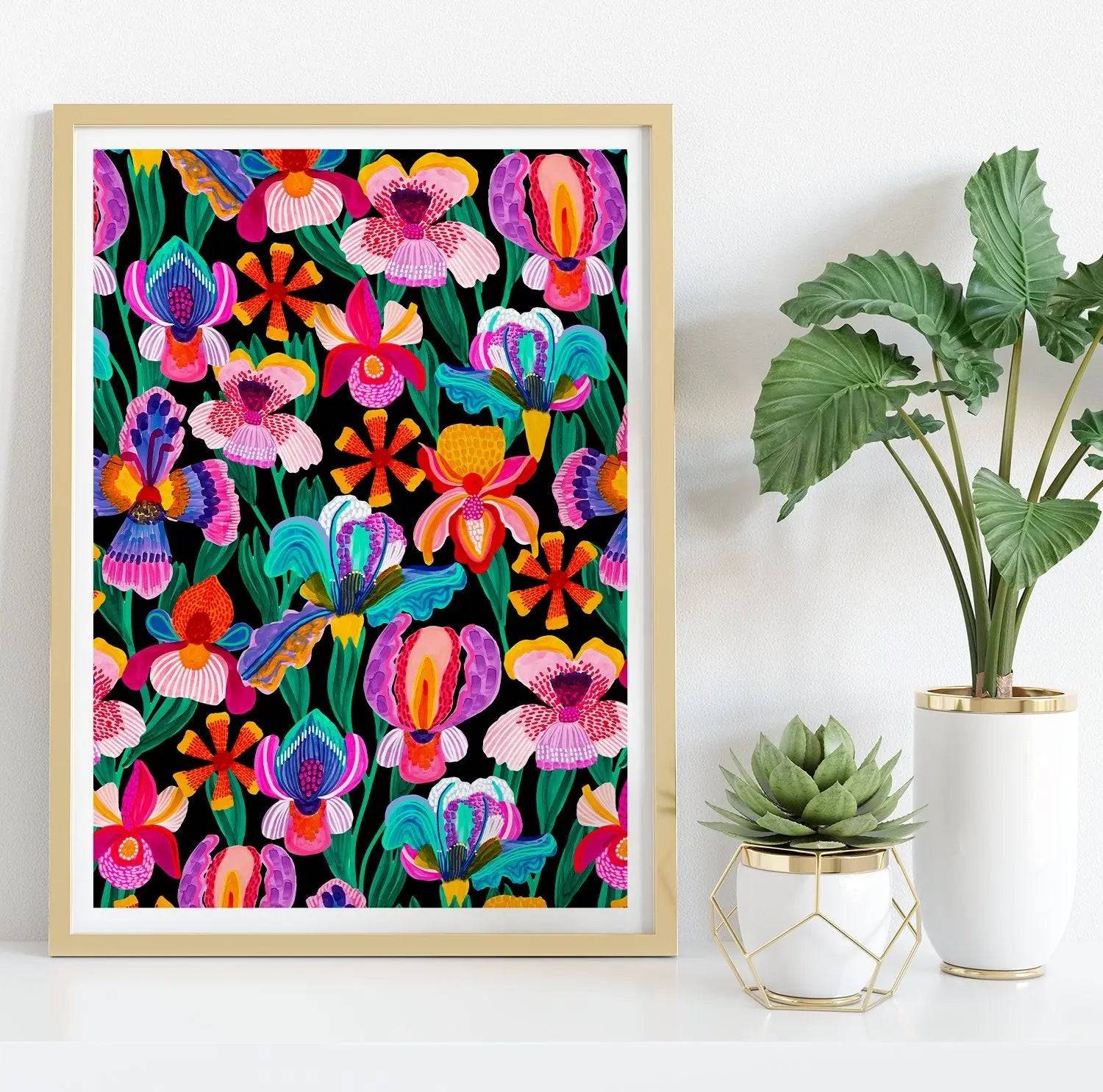 Beautiful Irises & Orchids Wall Art Print - Floral Canvas Painting for Home & Office Decor - Perfect for Living Room, Bedroom, and Office Spaces