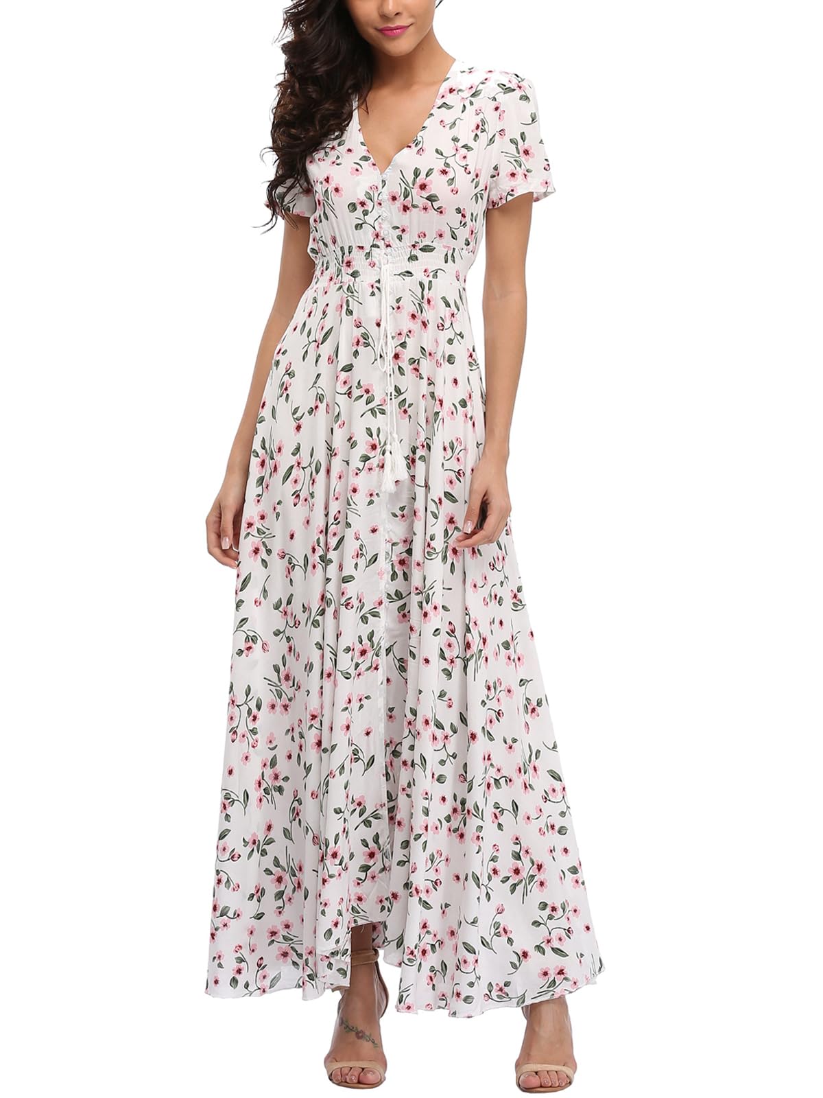 Boho Floral Maxi Dress for Women - Summer Button Up Split Flowy Beach Party Dress - Perfect for Vacations, Weddings & Tropical Getaways