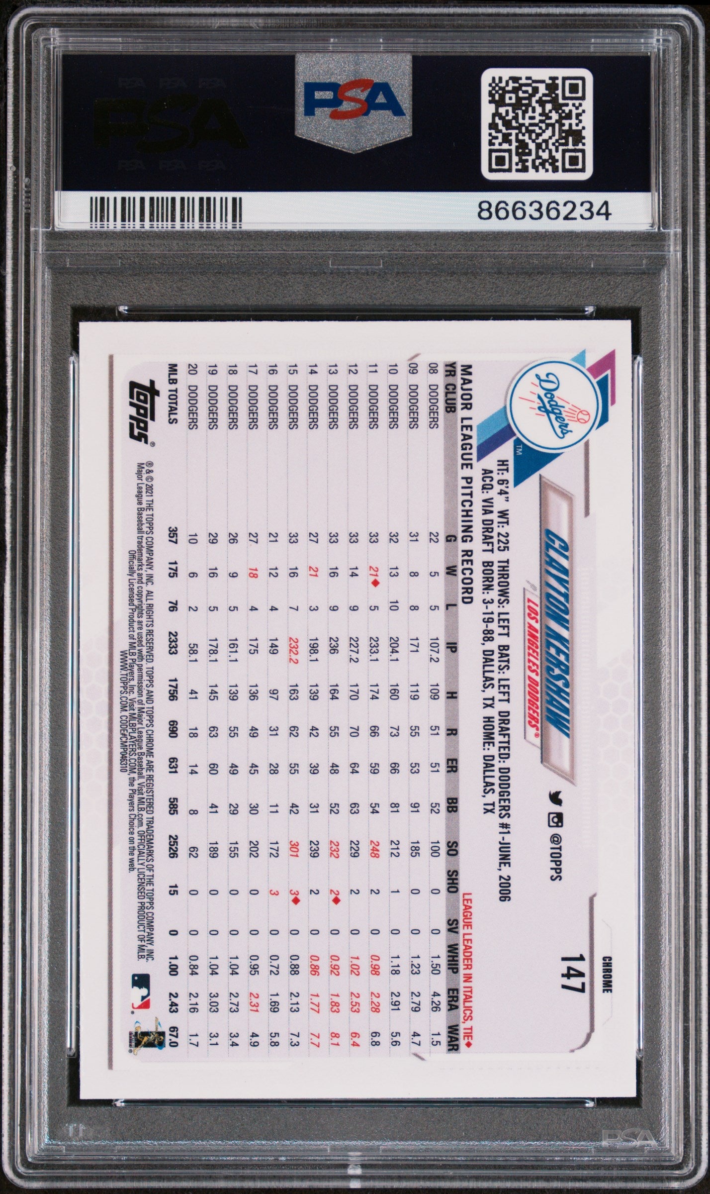 2021 Topps Chrome Clayton Kershaw #147 PSA 10 Gem Mint Baseball Card - Perfect for Collectors and Sports Memorabilia Displays