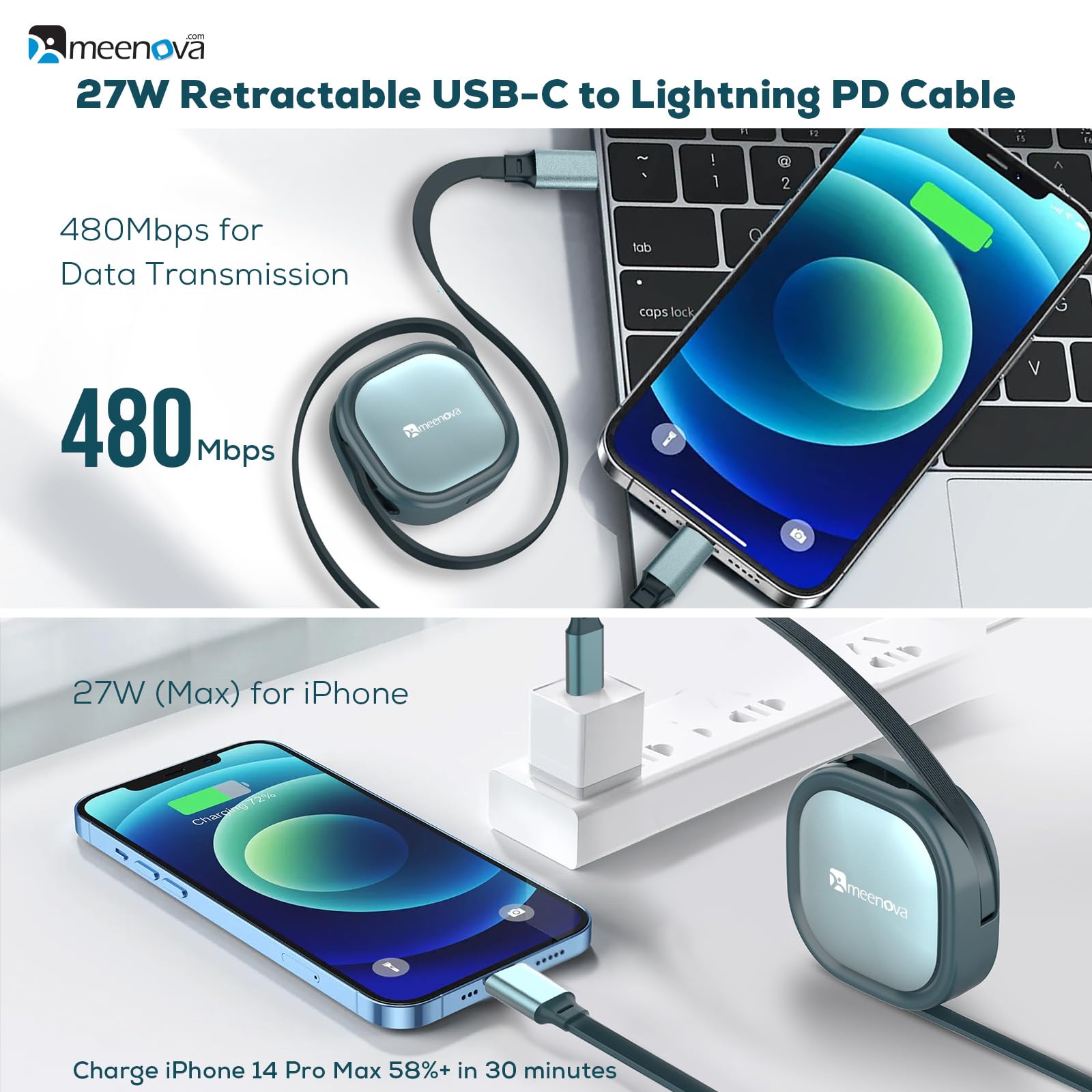 Retractable USB C to Lightning Fast Charging Cable 4-Stage Length Adjustable (1.2m/4ft) - PD 27W Compatible with iPhone 14/13/12/11 Pro Max/XS/XR/8/7/6s/6 Plus/SE & AirPods - Perfect for Travel, Office and Home Charging