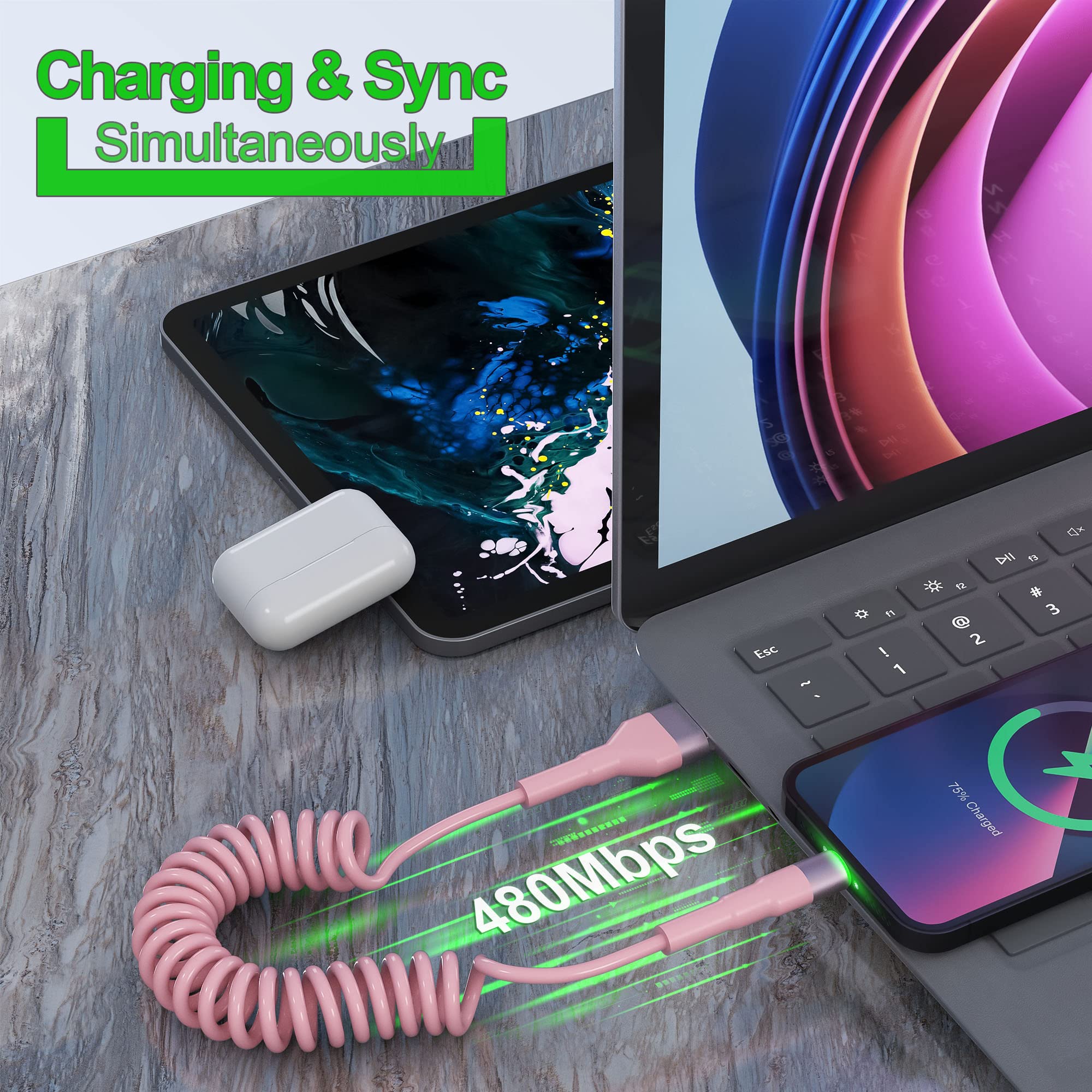MFi Certified Coiled iPhone Lightning Cable - 3ft Short Apple CarPlay Charger with Fast Data Sync - Durable Pink Charging Cable for iPhone in Car, Home & Office Use