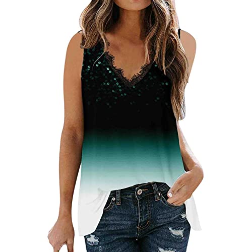Women's Summer Sleeveless Sequin Printed V-Neck Lace Tank Top - Casual Cute Vest Blouse for Beach, Party & Fall Fashion