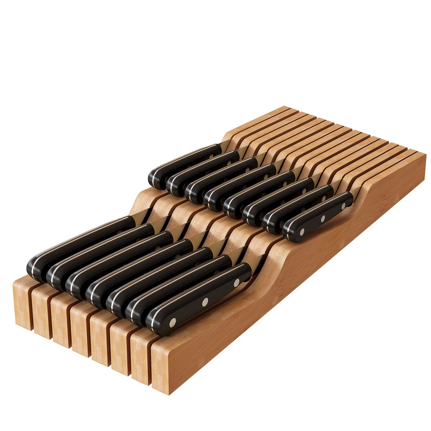 Bamboo Knife Drawer Organizer Tray - In-Drawer Knife Block Holder for 15 Knives (Knives Not Included) - Perfect for Kitchen Utensil Storage & Knife Organization