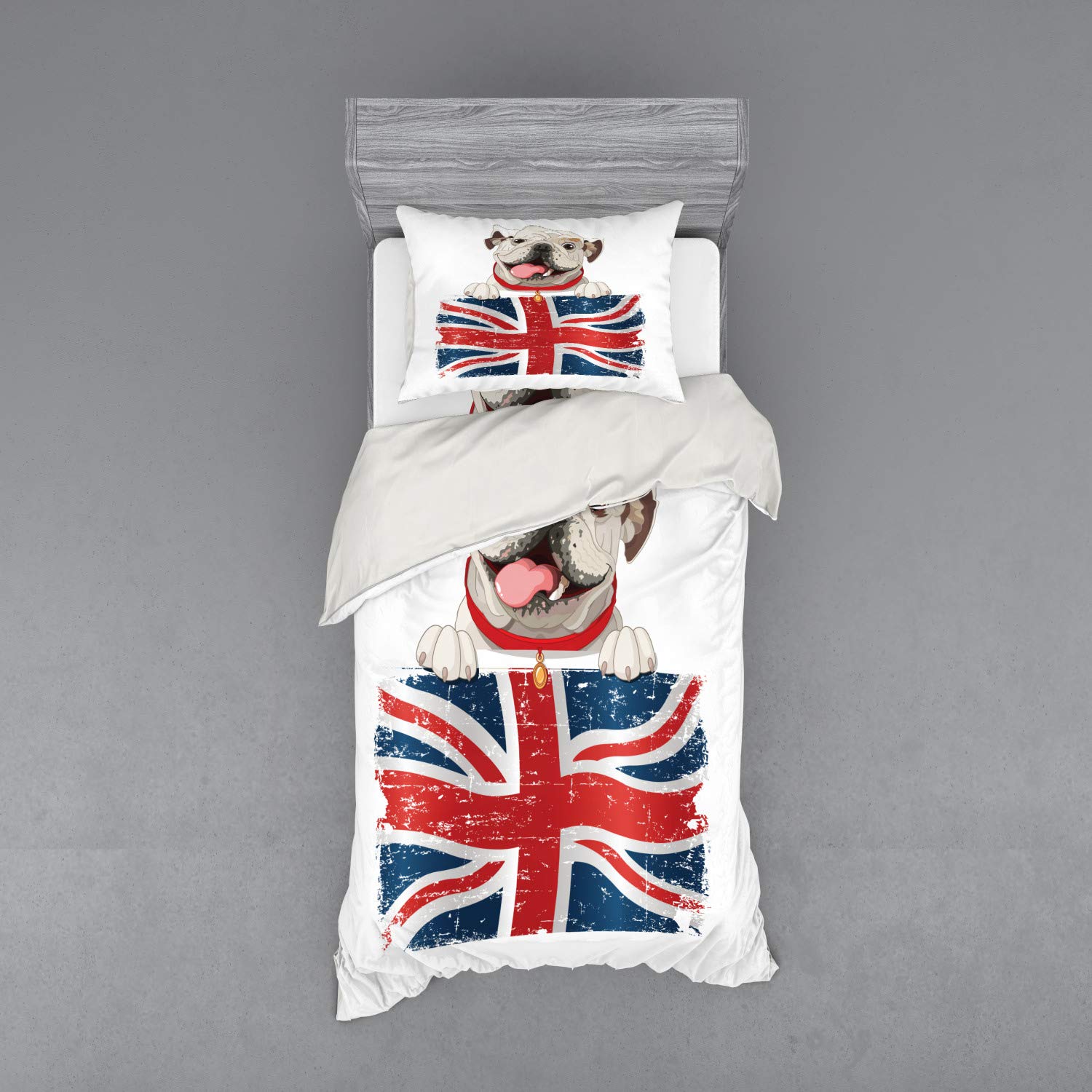 Ambesonne English Bulldog Duvet Cover Set 3-Piece - Happy Pet Bulldog with Union Jack Flag, Twin Size Cream Navy Blue Red Bedding Set with Pillow Sham & Fitted Sheet - Perfect for Kids Room, Dog Lovers Gift, British Themed Bedroom Decor