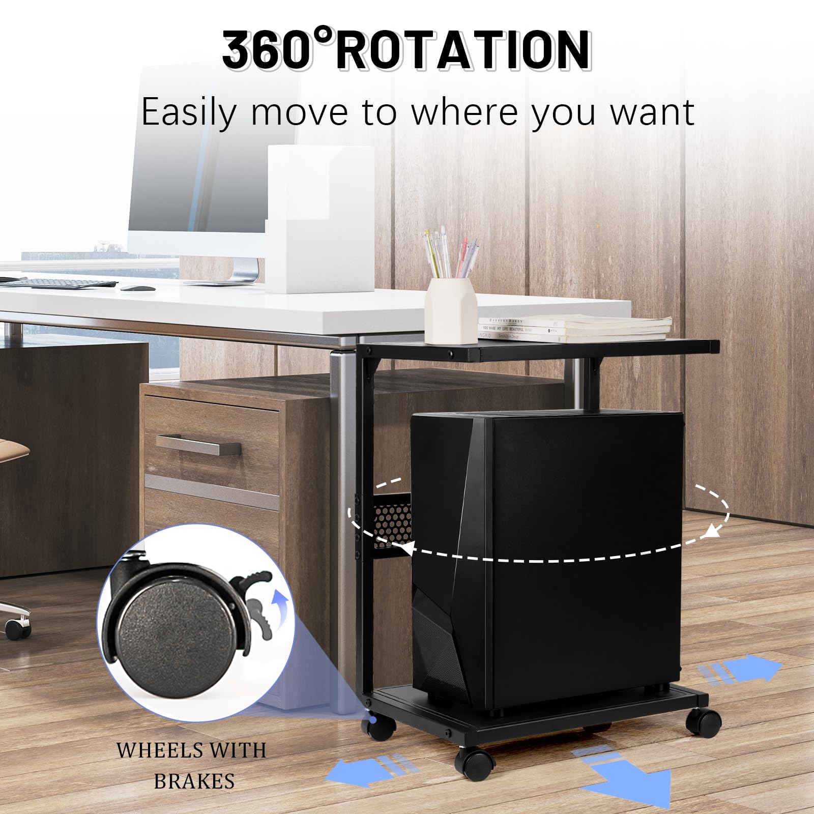 2-Tier Metal PC Stand with Locking Caster Wheels - Heavy Duty Computer Tower Stand for Most Desktop PCs | Perfect for Home Office, Gaming Setup & Workspace Organization