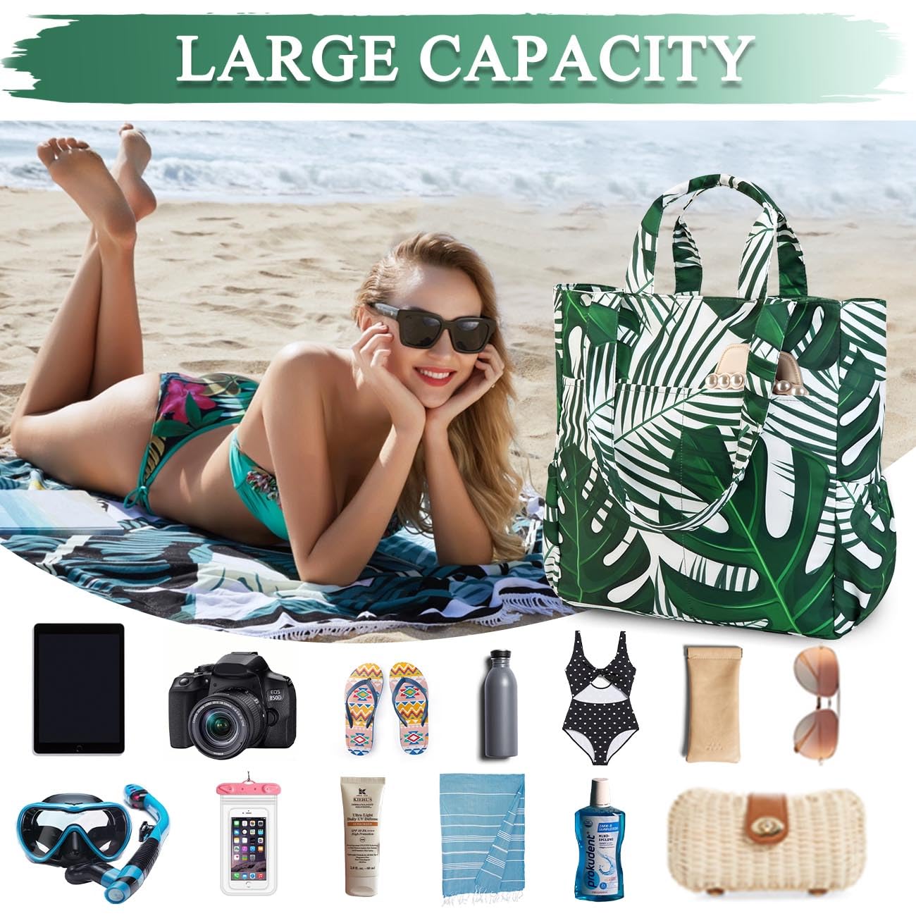 VASCHY Women's Lightweight Water-Resistant Foldable Beach Tote Bag with Zipper - Large Pool Bag for Vacation, Travel, Swimming & Summer Outings