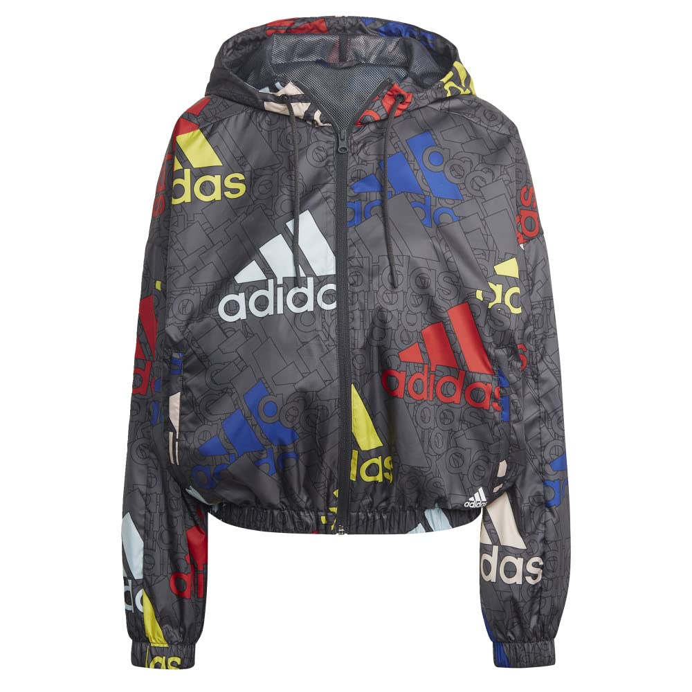 Adidas Women's Essentials Multi-Colored Logo Windbreaker Jacket - Lightweight Waterproof Running & Outdoor Sports Coat for Jogging, Hiking, Travel