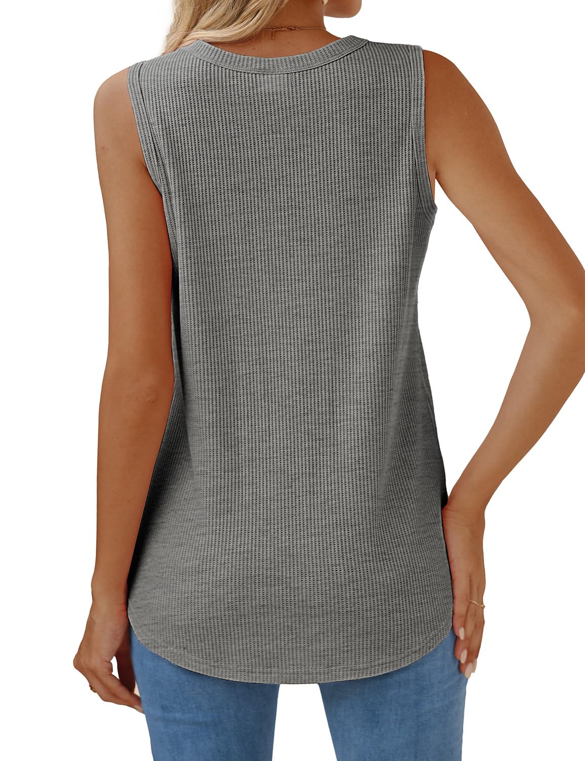 WIHOLL Women's Soft Waffle Knit Crewneck Tank Top - Loose Fit Curved Hem Cotton Beachwear for Summer Vacation, Casual Outings & Trendy Street Style