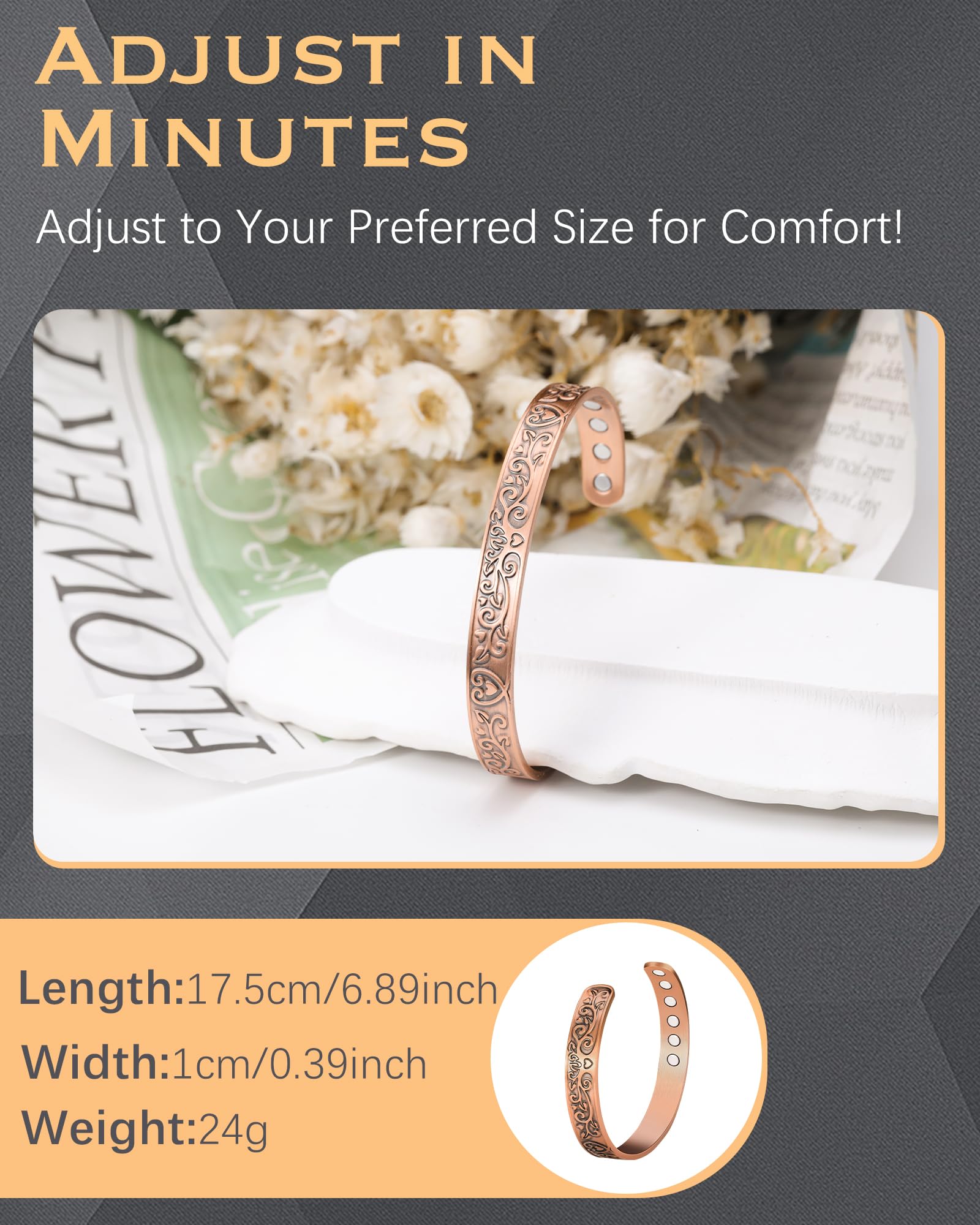 Jeracol 12X Ultra Strength Copper Bracelets for Men & Women - 99.99% Pure Solid Copper Magnetic Therapy Bracelet with Tree of Life Design - Arthritis Pain Relief & Improved Circulation - Comes with Elegant Gift Box - Perfect for Daily Wear, Yoga, Meditation & Wellness Gifts