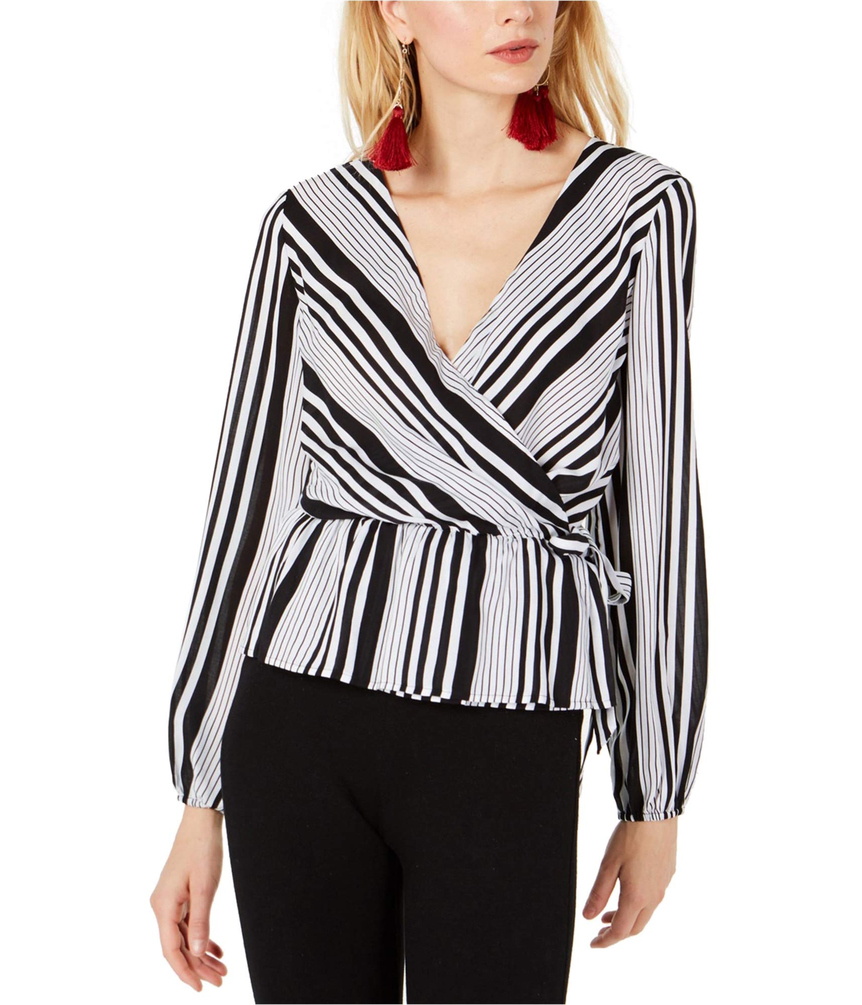 Women's Black Variegated Wrap Blouse - Large Size | Flowy Long Sleeve V-Neck Tops for Work, Office & Casual Outfits