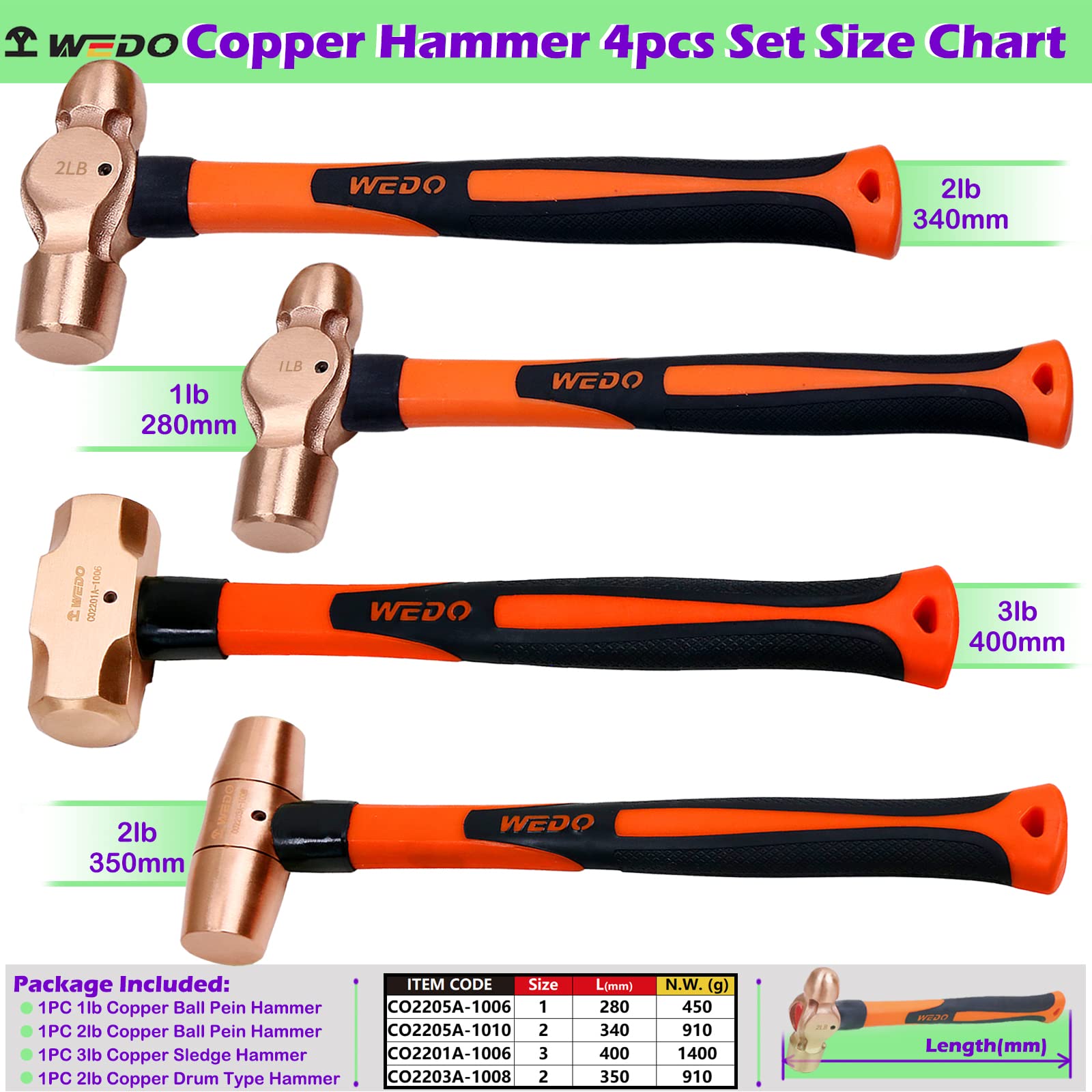 WEDO 4-Piece Copper Hammer Set with Fiberglass Handle - 1lb & 2lb Ball Pein Hammers, 3lb Sledge Hammer, 2lb Drum Hammer for Metalworking, Woodworking, and DIY Home Improvement Projects