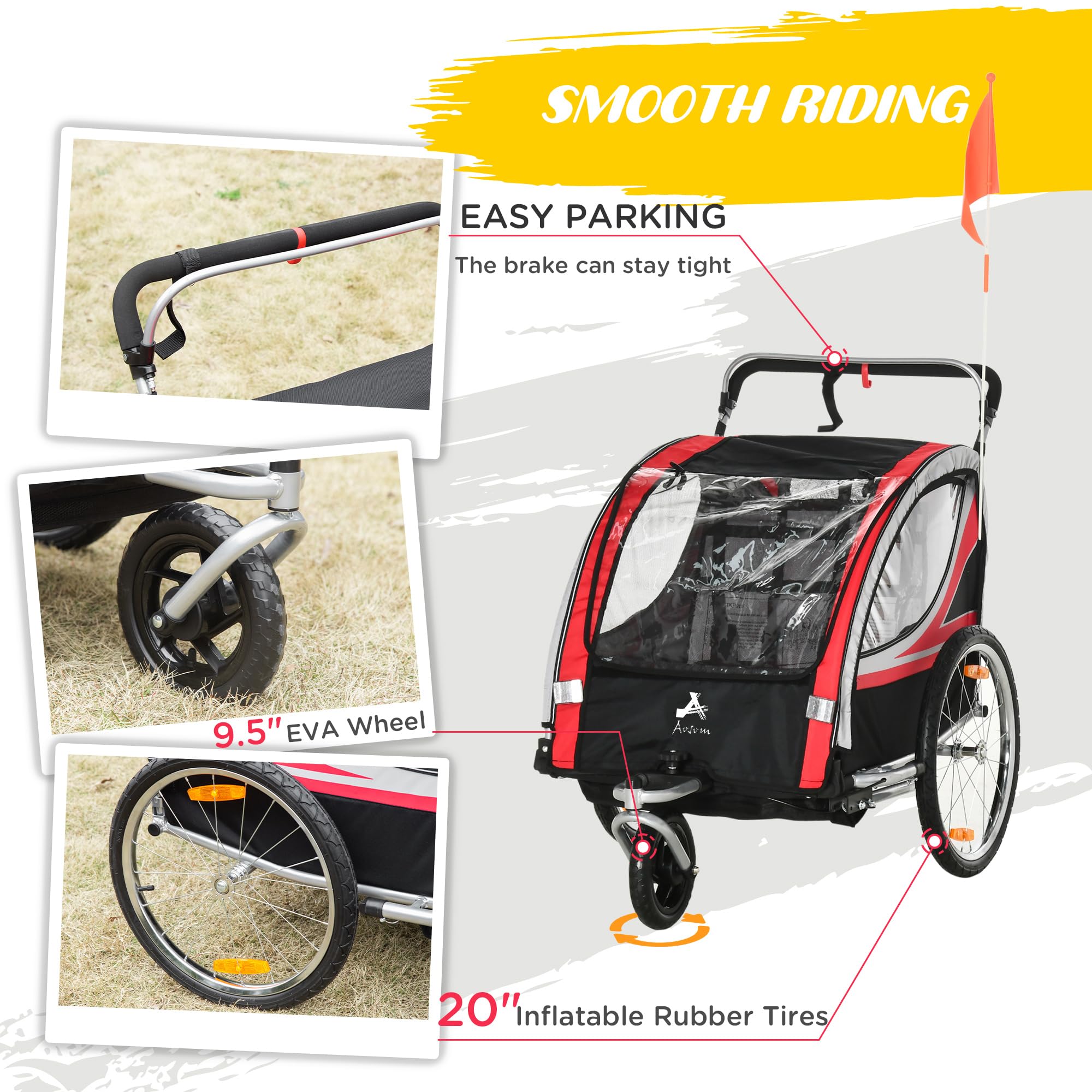 **Aosom 2-in-1 Double Baby Jogging Stroller & Bike Trailer for Kids & Toddlers – Handbrake, 5-Point Harness, Waterproof Cover, Storage Bag, Safety Flag & Reflectors – Perfect for Outdoor Adventures, Running & Biking**