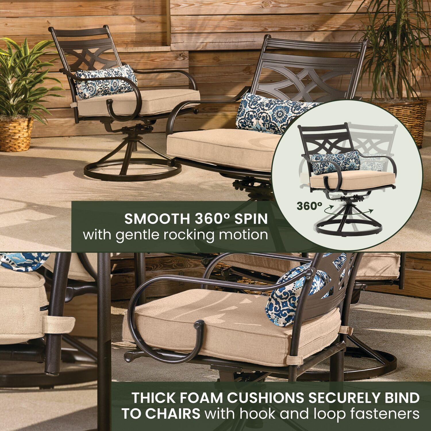 Hanover Montclair 7-Piece Outdoor Dining Set with 6 Swivel Rocking Chairs, Tan Cushions & Durable Steel Table - All-Weather Patio Furniture for Deck, Garden, Backyard - Perfect for Family BBQs, Outdoor Entertaining and Relaxing