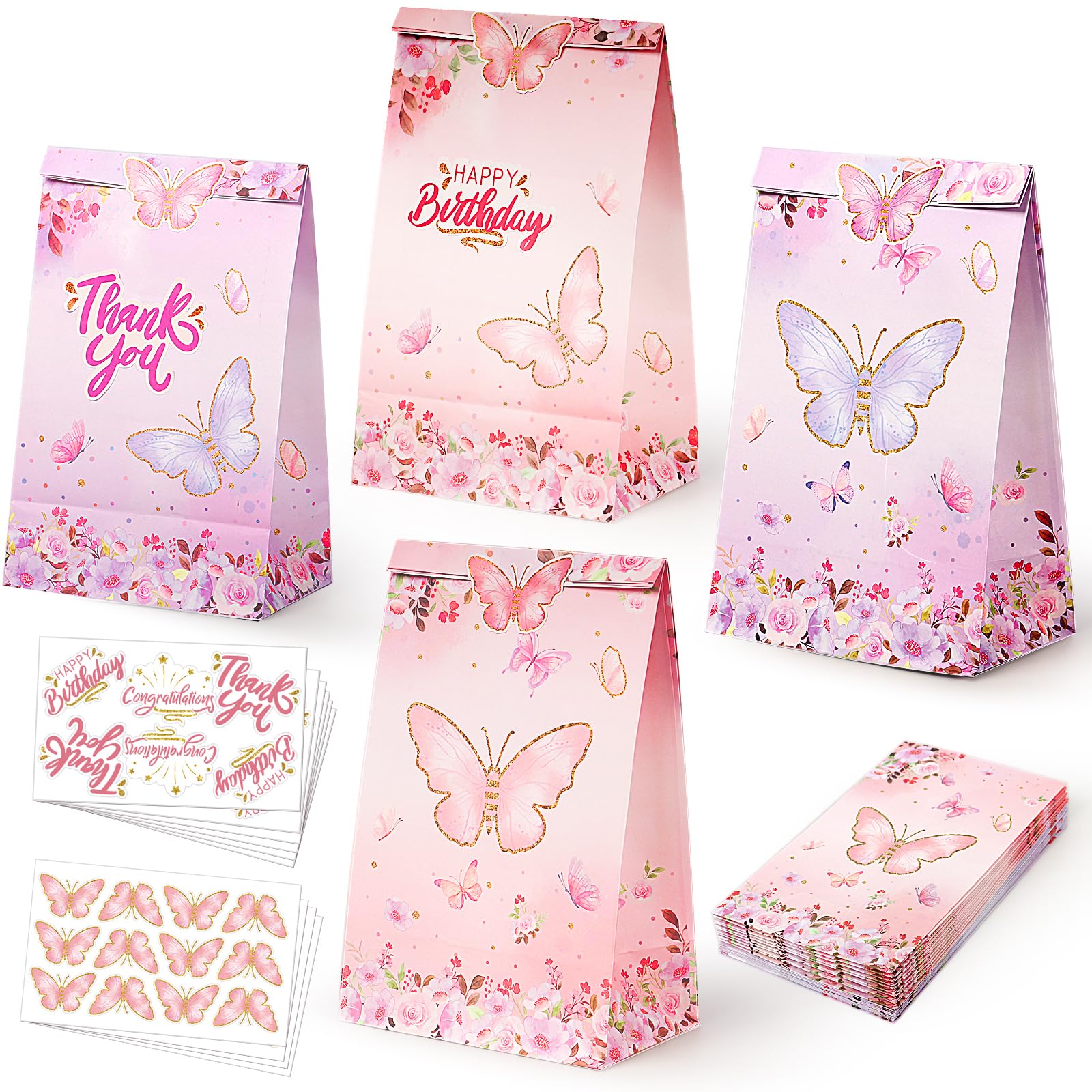 24-Piece LWBDD Butterfly Candy Gift Bags - Pink & Purple Rainbow Party Decorations with 24 Stickers | Perfect for Birthday Parties, Valentine's Day, Easter & Baby Showers | Reusable Paper Favor Bags for Kids & Adults