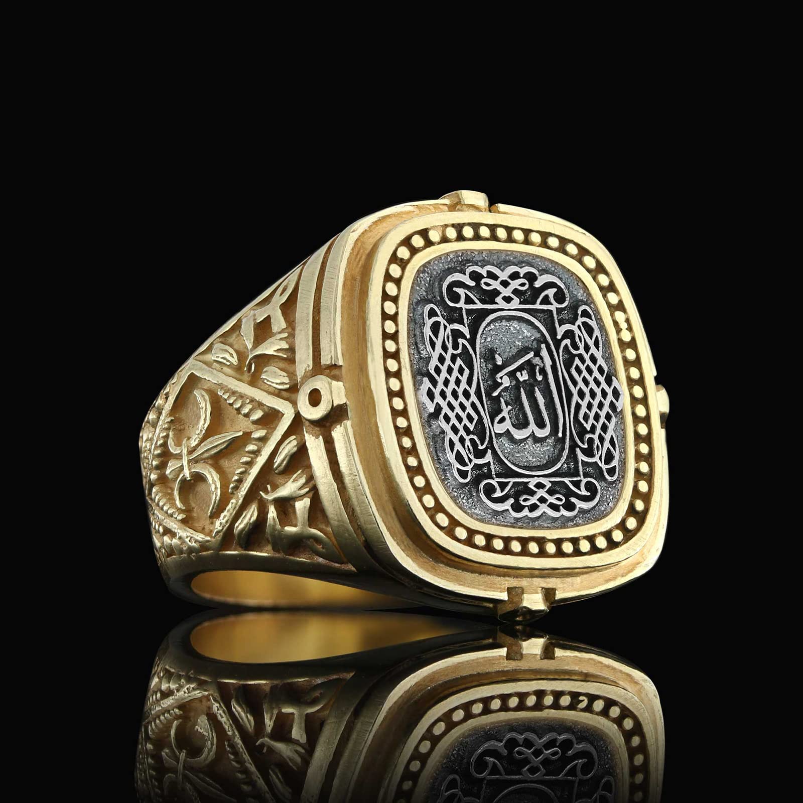Allah Signet Ring for Men - Islamic Jewelry with Bismillah Engraving, Gold Coated Arabic Ring, Muslim Gift for Eid & Wedding | Religious Jewelry for Daily Wear & Special Occasions